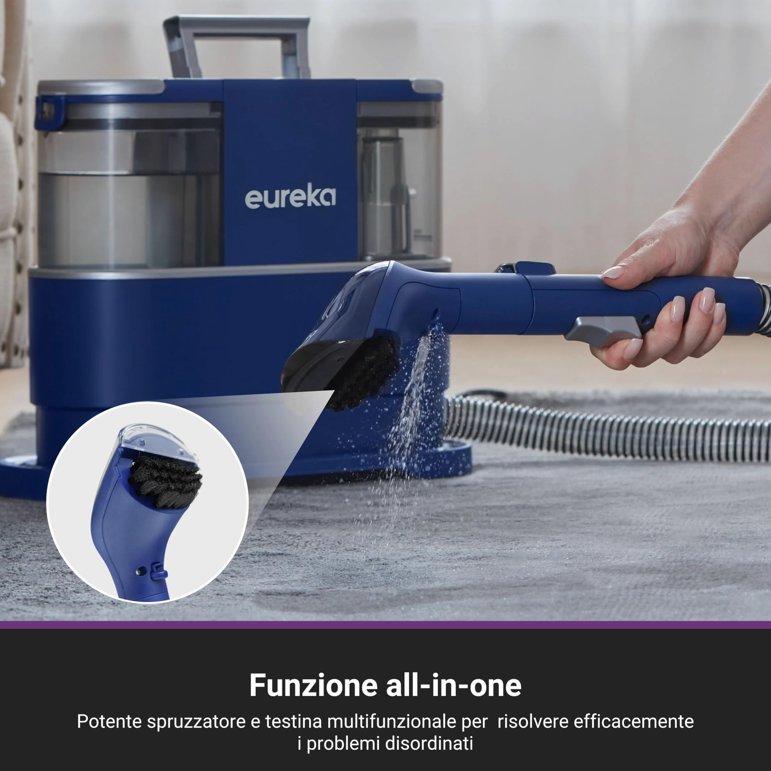 Eureka NEY100 Detergente Portatile per Moquette e Tappezzeria| Smacchiatore Multisuperficie per Moquette,Tappeti,Scale e Auto | Rimuove lo Sporco,Liquidi e le Macchie | Serbatoio d'acqua da 1,5 Litri