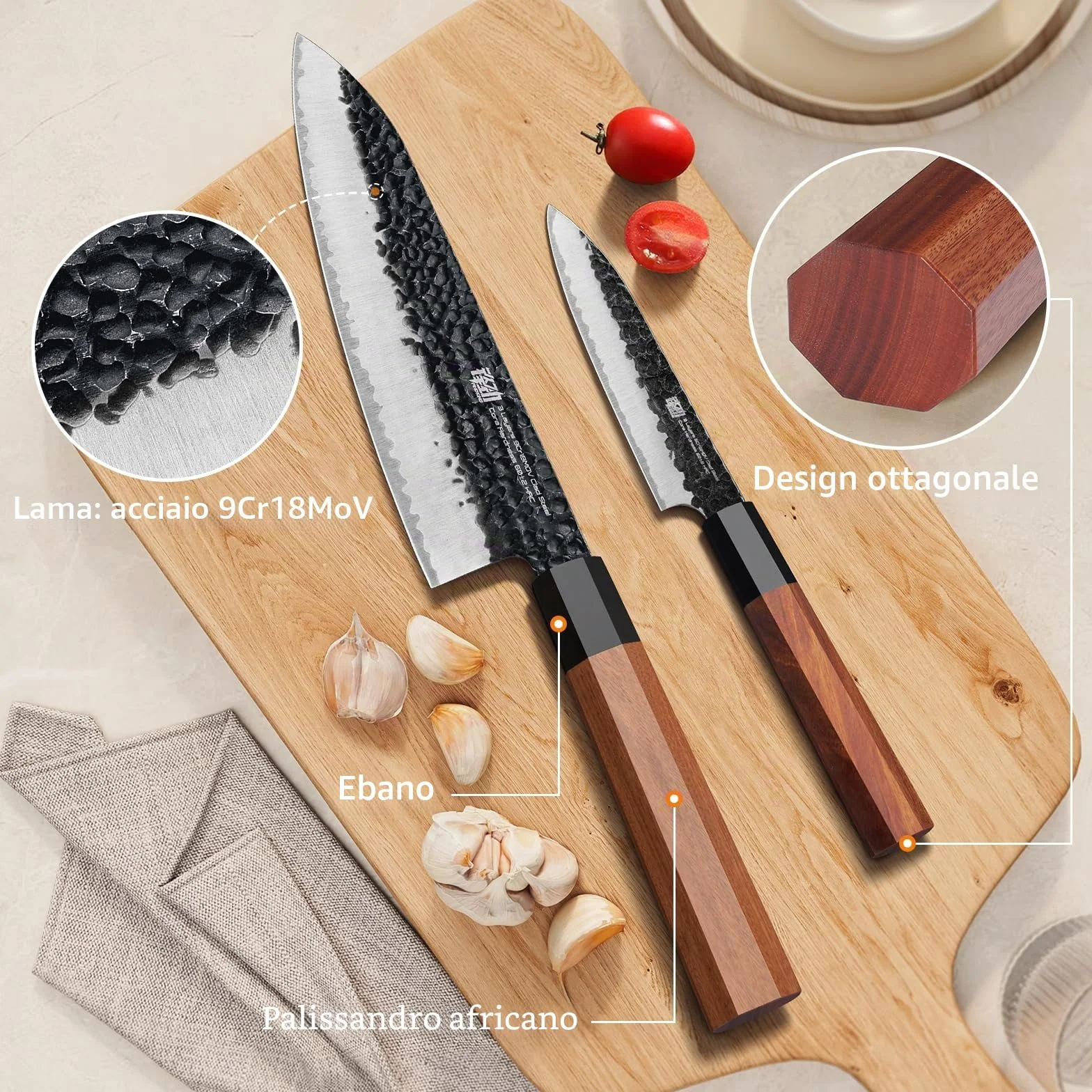Set di coltelli da cucina FINDKING serie Dynasty 4PCS, Set di coltelli professionali da chef giapponesi, Lama in acciaio ad alto tenore di carbonio 9Cr18MoV, per carne, frutta e verdura