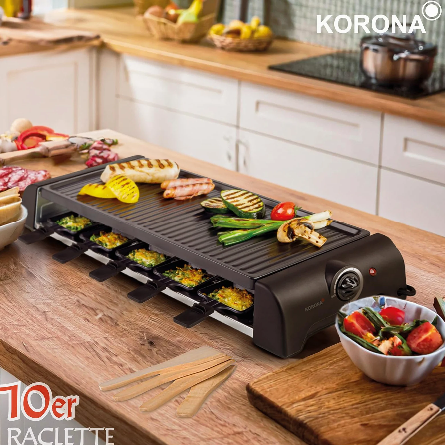 Korona 45060 Raclette per 10 persone | Raclette XXL con 10 padelle e spatole in legno | piastra antiaderente | cavo lungo 1,2 m | 1500 Watt, nero