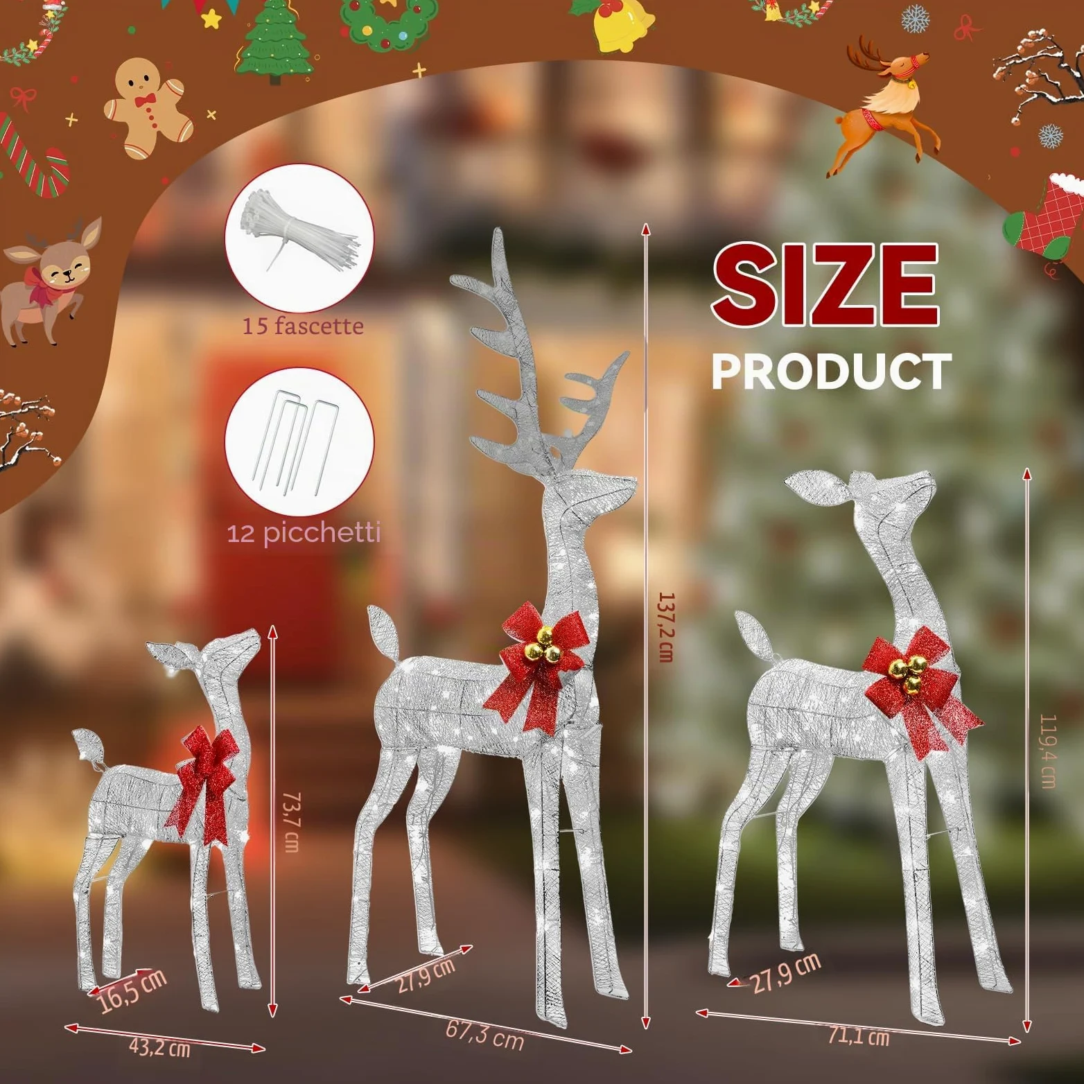 Decorazioni Natalizie da Esterno per Giardino: Famiglia di 3 Renne Luminose da Esterno, Telaio in Metallo Resistente e Impermeabile, Figure Natalizie LED XXL per Esterno Interno Giardino Balcone