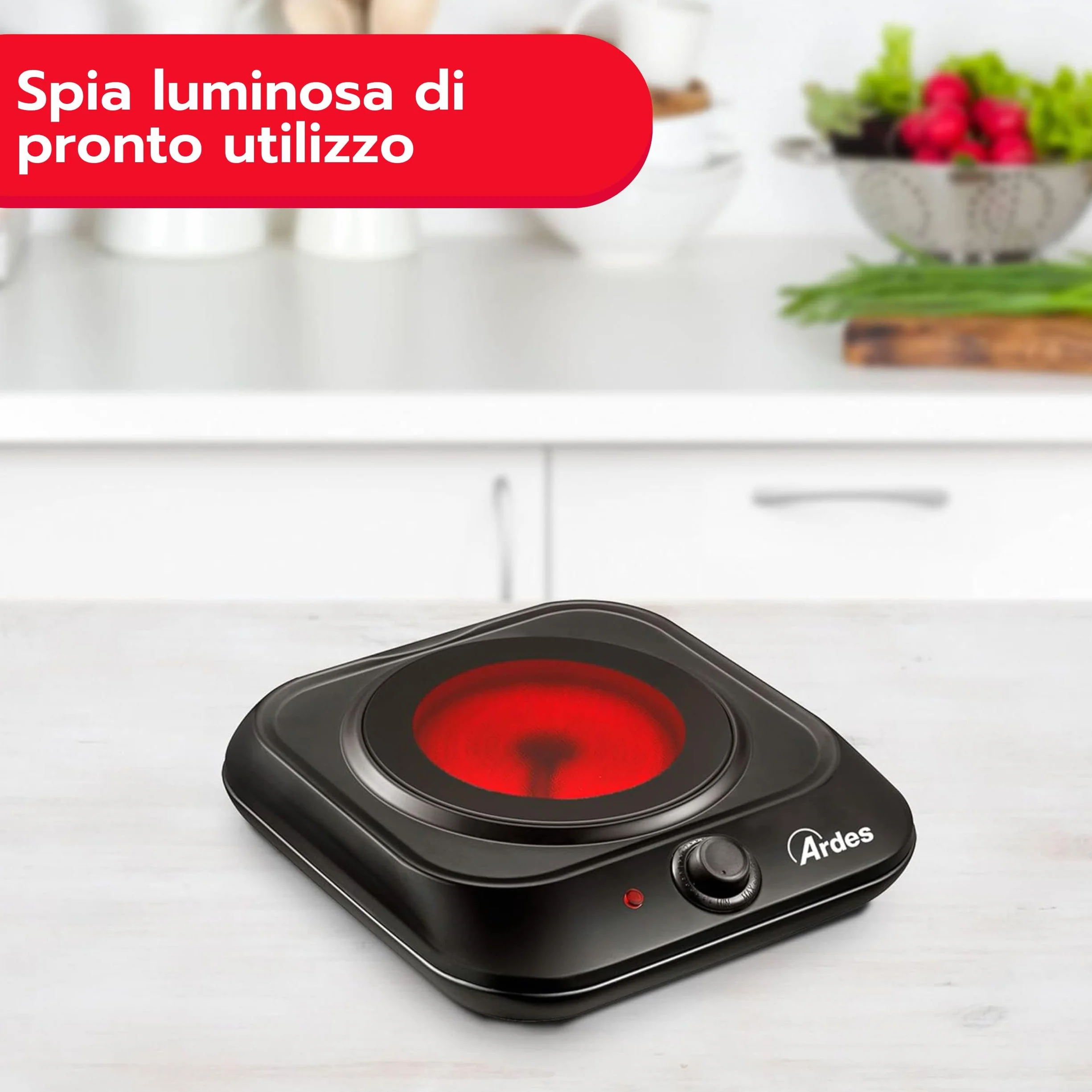 ARDES Fornello elettrico a infrarossi 1200W piastra vetroceramica Ø19 cm termostato regolabile