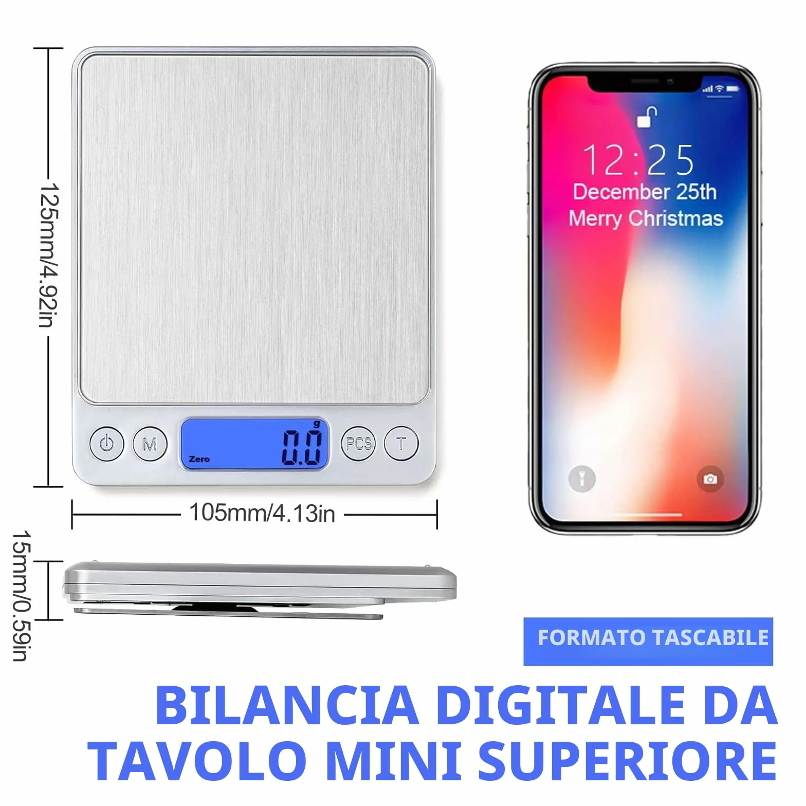 Digitale Bilancia da cucina, ricarica USB, piccola mini bilancia da 3 kg / 0,1 g, bilancia elettrica da cucina, impermeabile, ricaricabile tramite USB, in acciaio inox, per ingredienti gioielli caffè