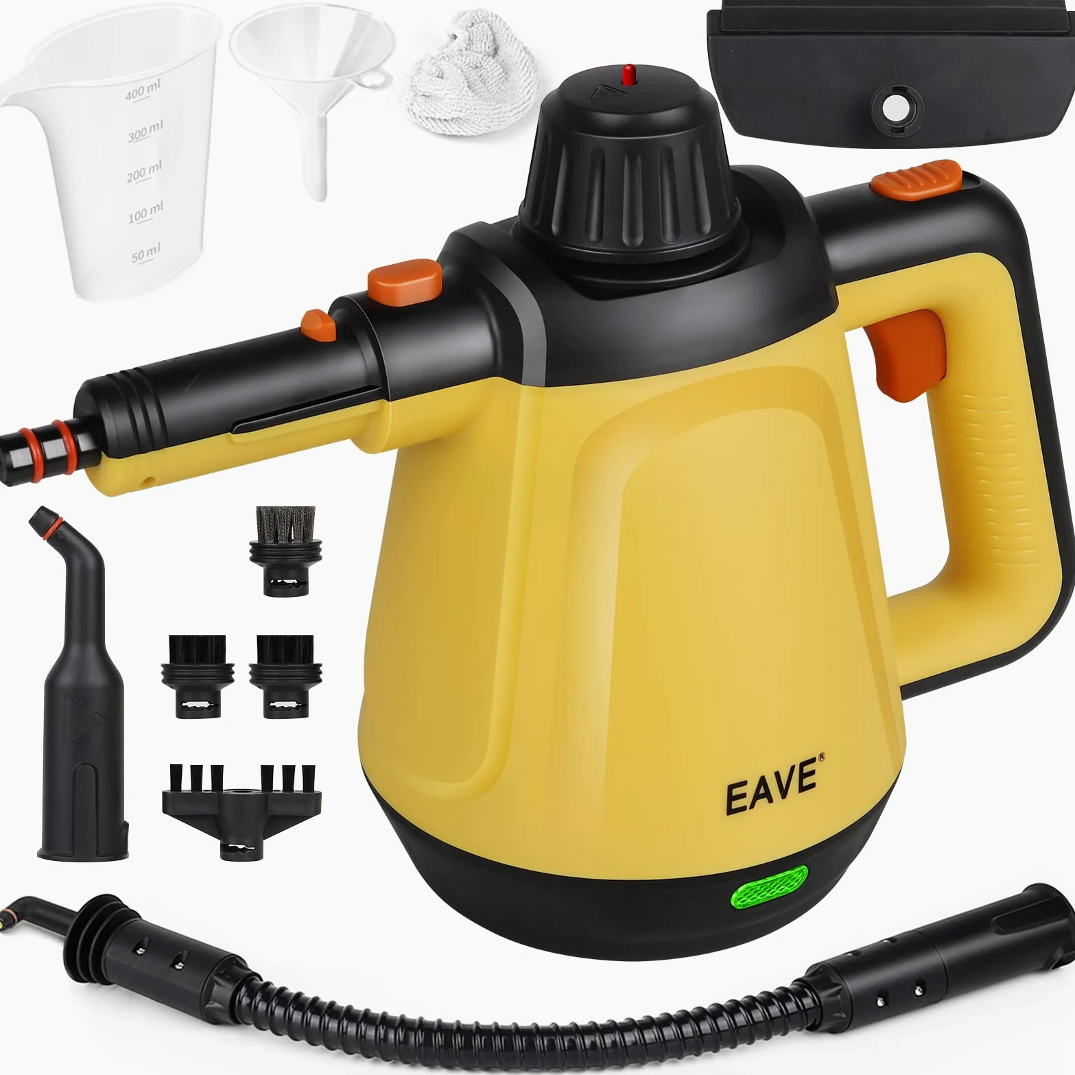 EAVE Pulitore a Vapore Portatile, 110℃ Vaporetto Portatile per una Pulizia Efficiente, Versatile Vaporetto con 10 Accessori e un Cavo 5 m, per Divani, Tappeti, Fessure, Pulizia Senza Chimica (Giallo)