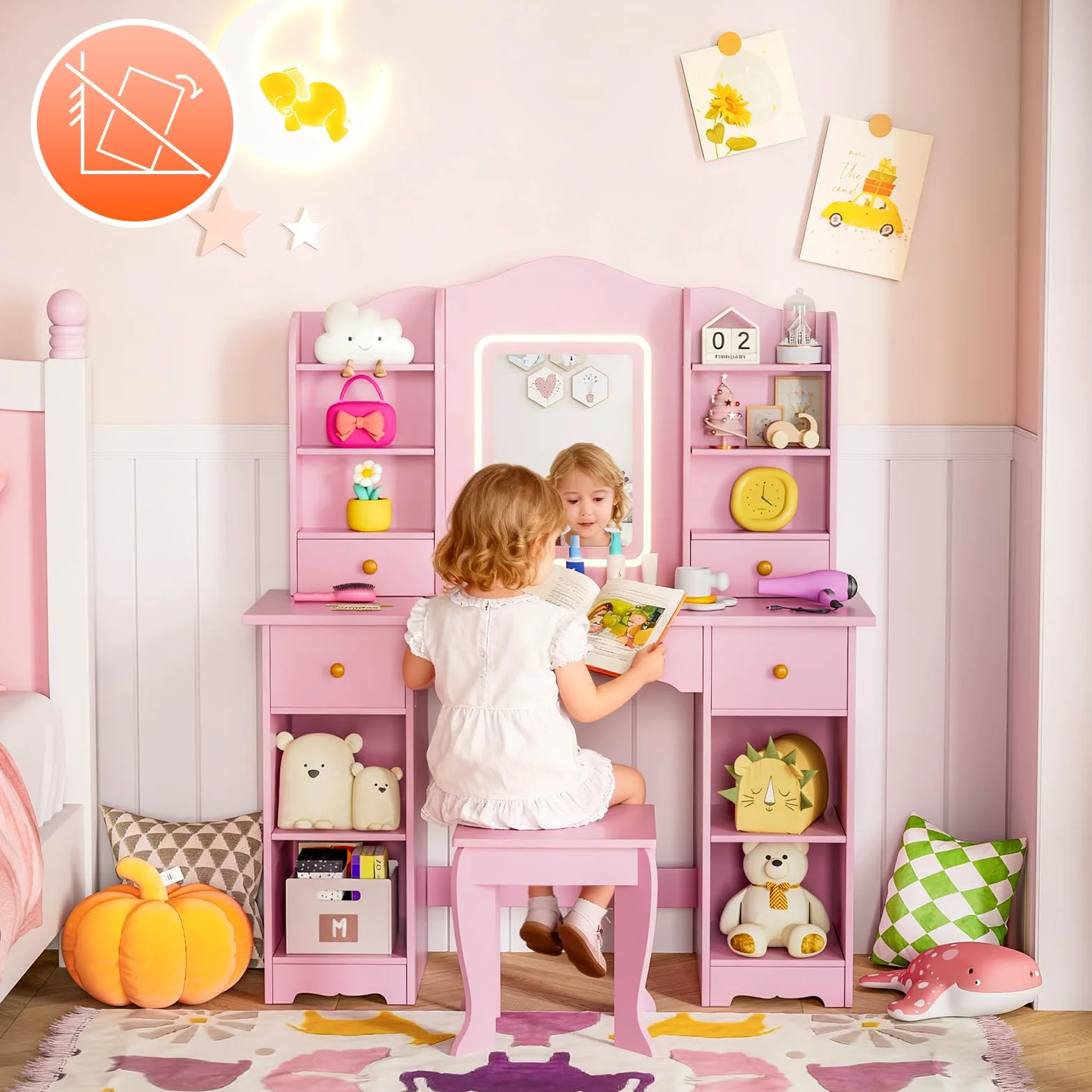 MAMIZO Toeletta Trucco Bambina con Sgabello LED, Toeletta per Bambini con Sedia, 5 Cassetti e 10 Scomparti Portaoggetti, 3 Modalità di Illuminazione Regolabili, 95x34x118cm, Rosa