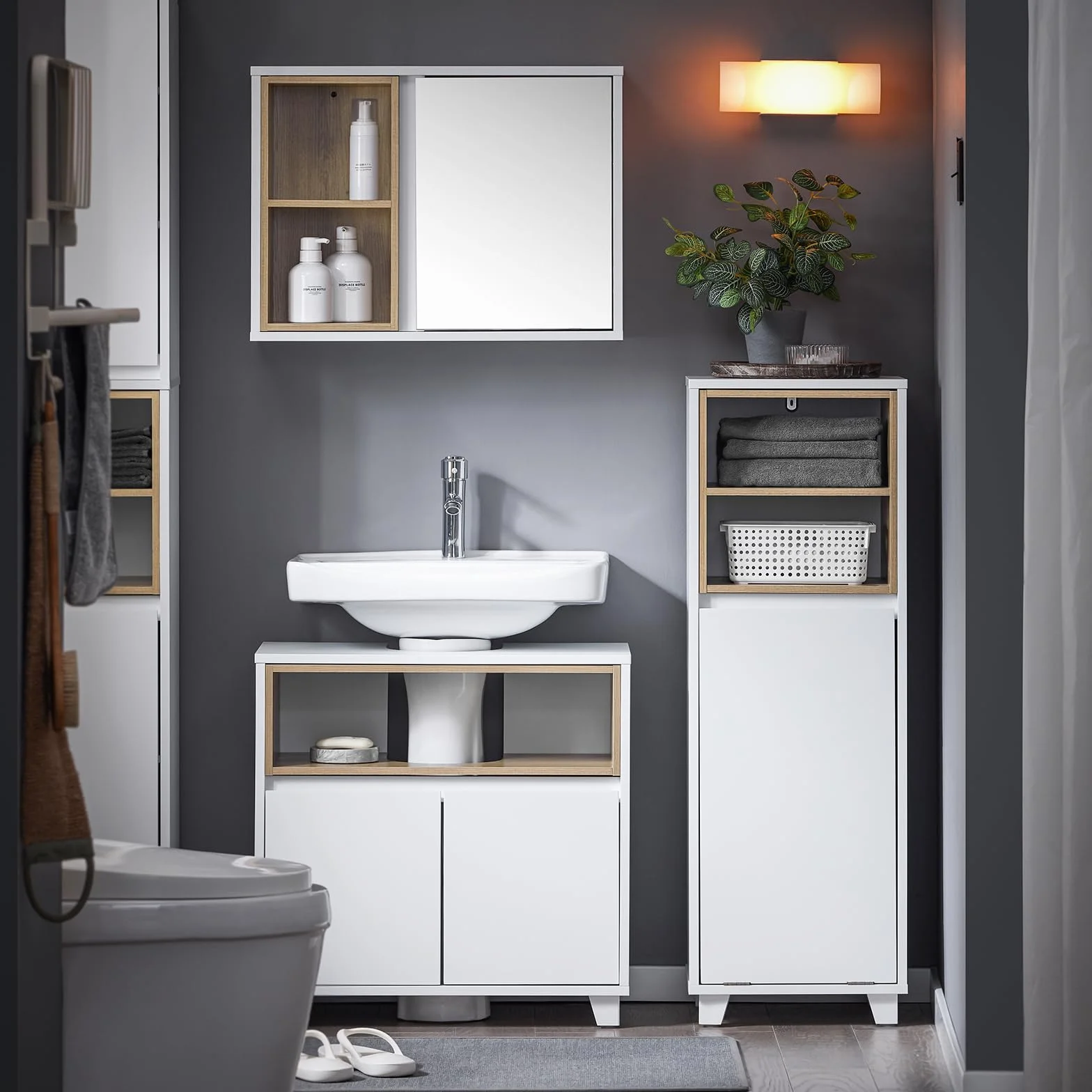 SoBuy Mobile Bagno Salvaspazio con Cesto Portabiancheria – Mobiletto Cassettiera Bagno, Mobile Lavanderia Bianco, 35 x 30 x 105 cm, BZR146-W