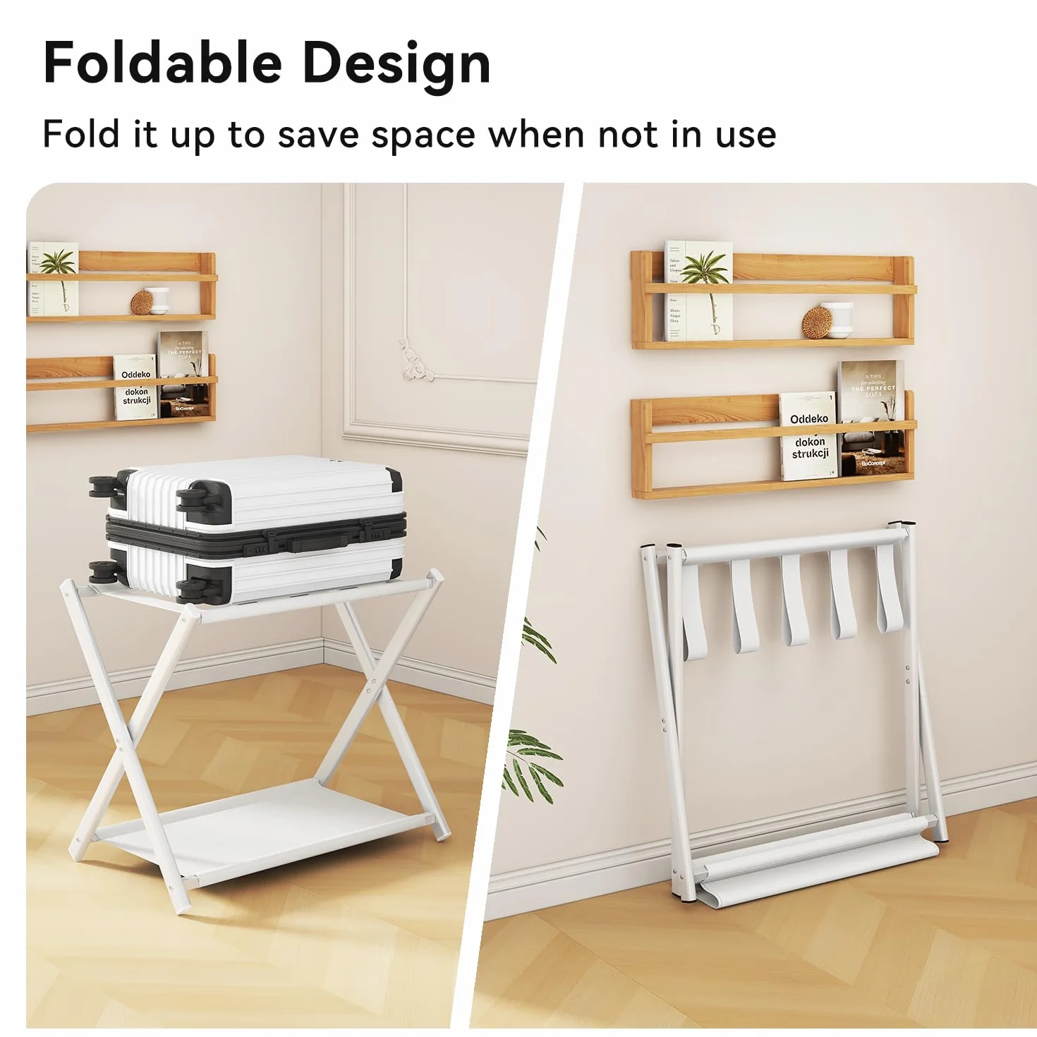 IBUYKE Luggage Rack Foldable Suitcase Stand with Storage Shelf White