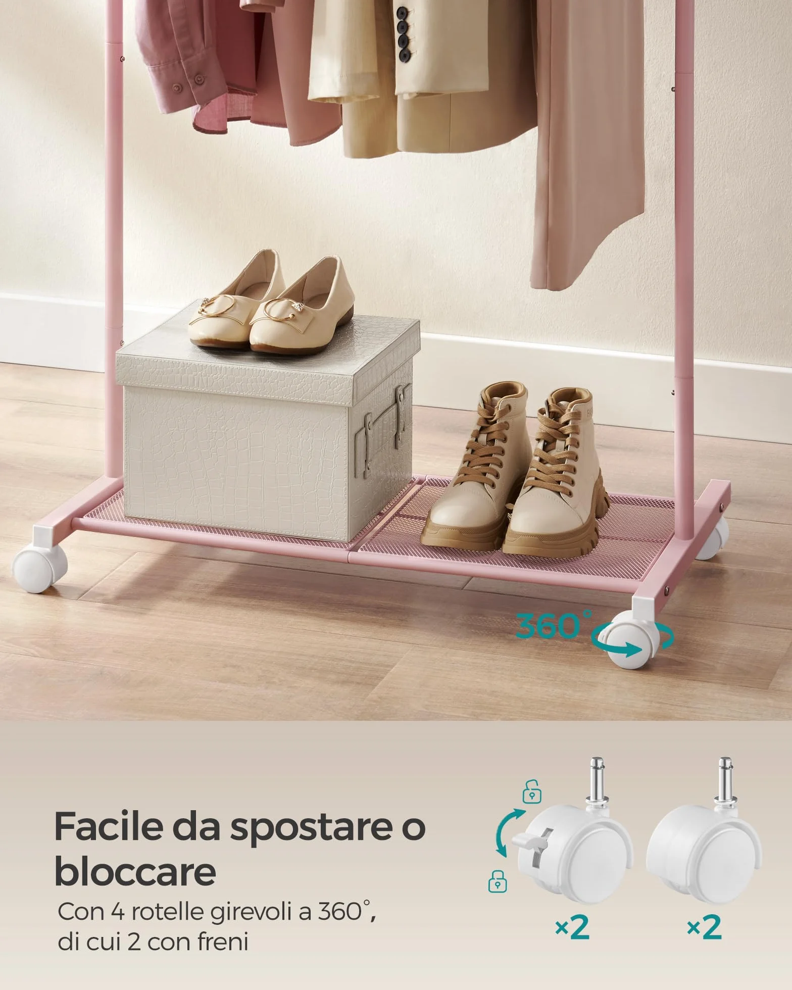 SONGMICS Appendiabiti con Ruote 74 cm 35 kg Metallo Rosa Pastello HSR130R01