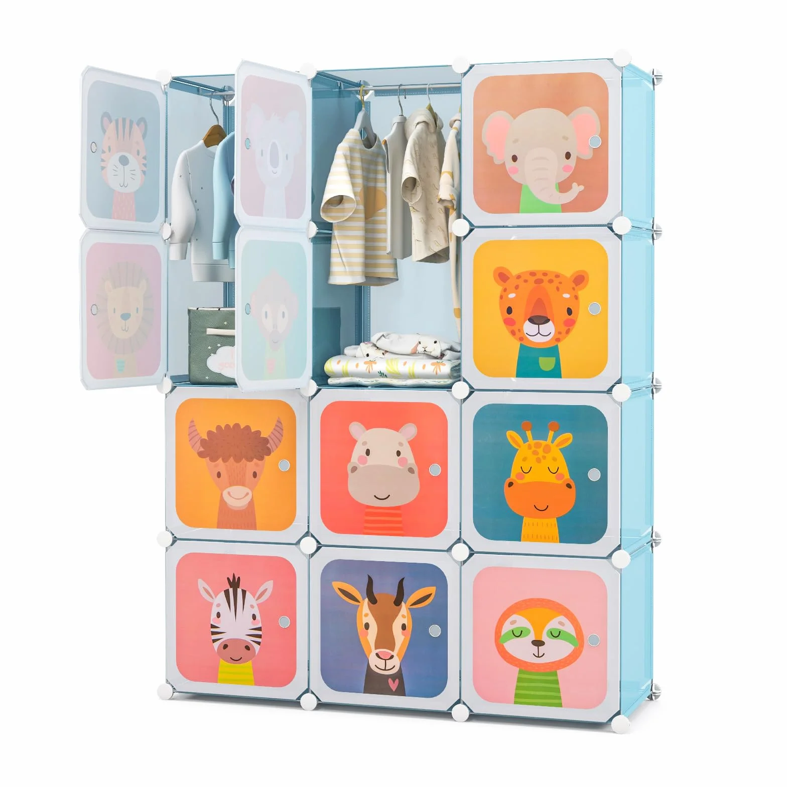 RELAX4LIFE Armadio Modulare a 8/12 Cubi per Bambini con 2 Barre Appendiabiti, 8/12 Ante, Mobile Salvaspazio per Cameretta e Asilo Nido, Portata di Ogni Cubo 10 KG (Animale-12 Cubi,Blu)