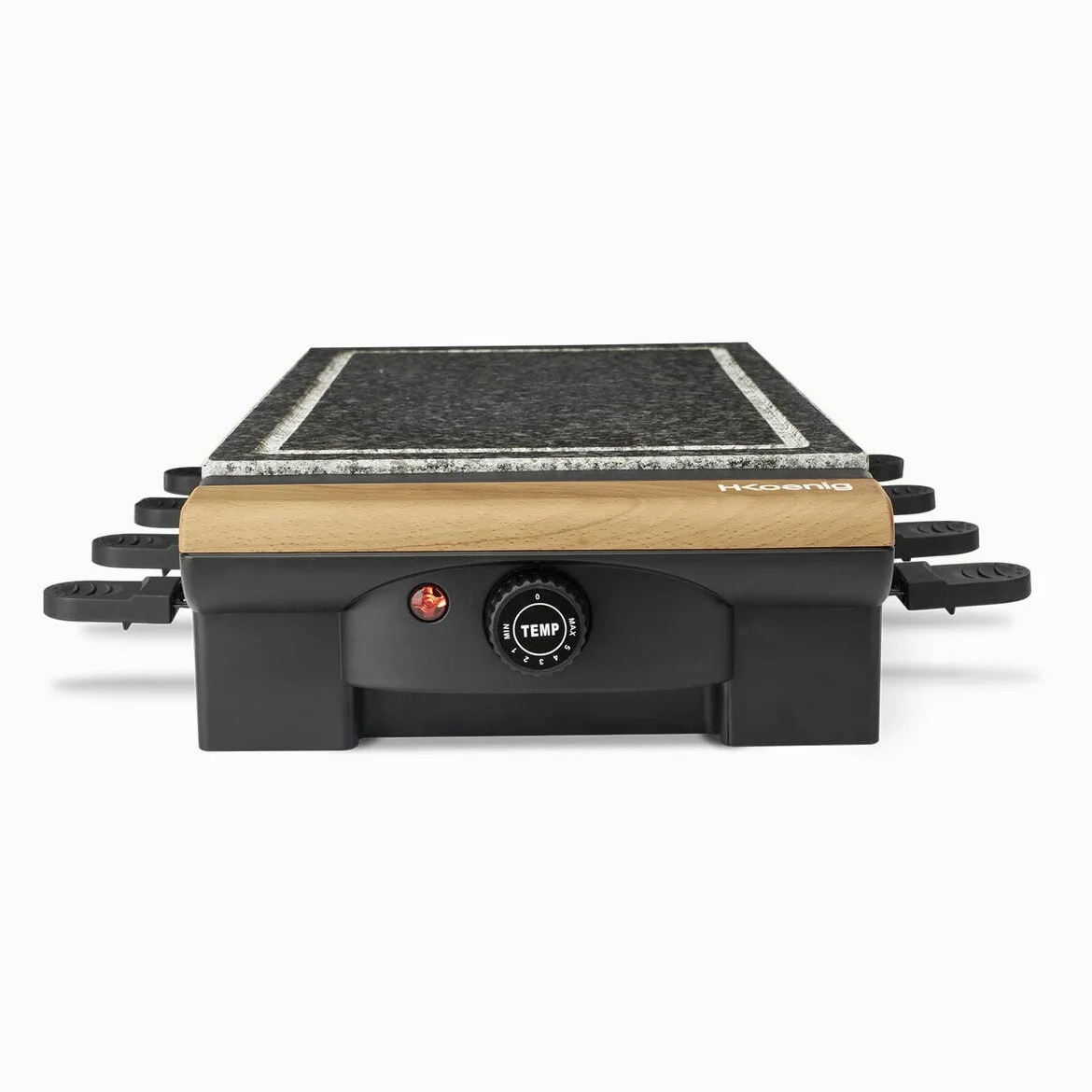 H.Koenig Pietra di cottura 2 in 1 con apparecchio per raclette da 8 persone RP328 design in legno, griglia multifunzione in granito,pietra rimovibile, Accessori: 8 teglie antiaderenti