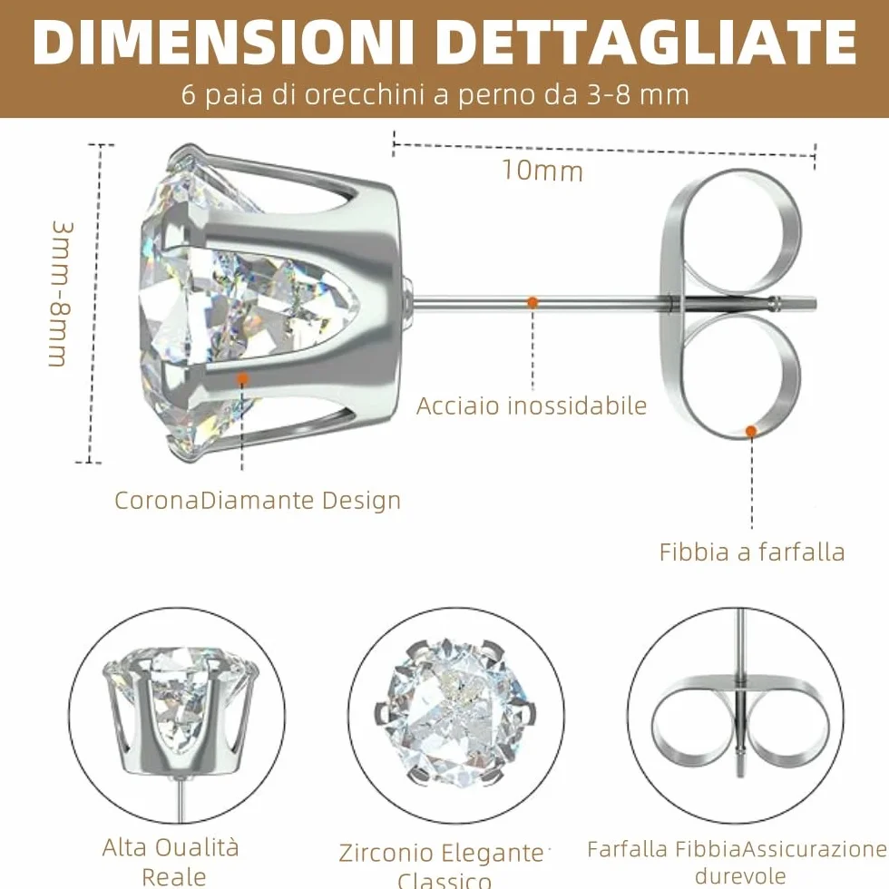 Orecchini Donna Uomo Diamante Zirconia Cubica Acciaio Inossidabile Anallergici 3~8 mm Brillantini