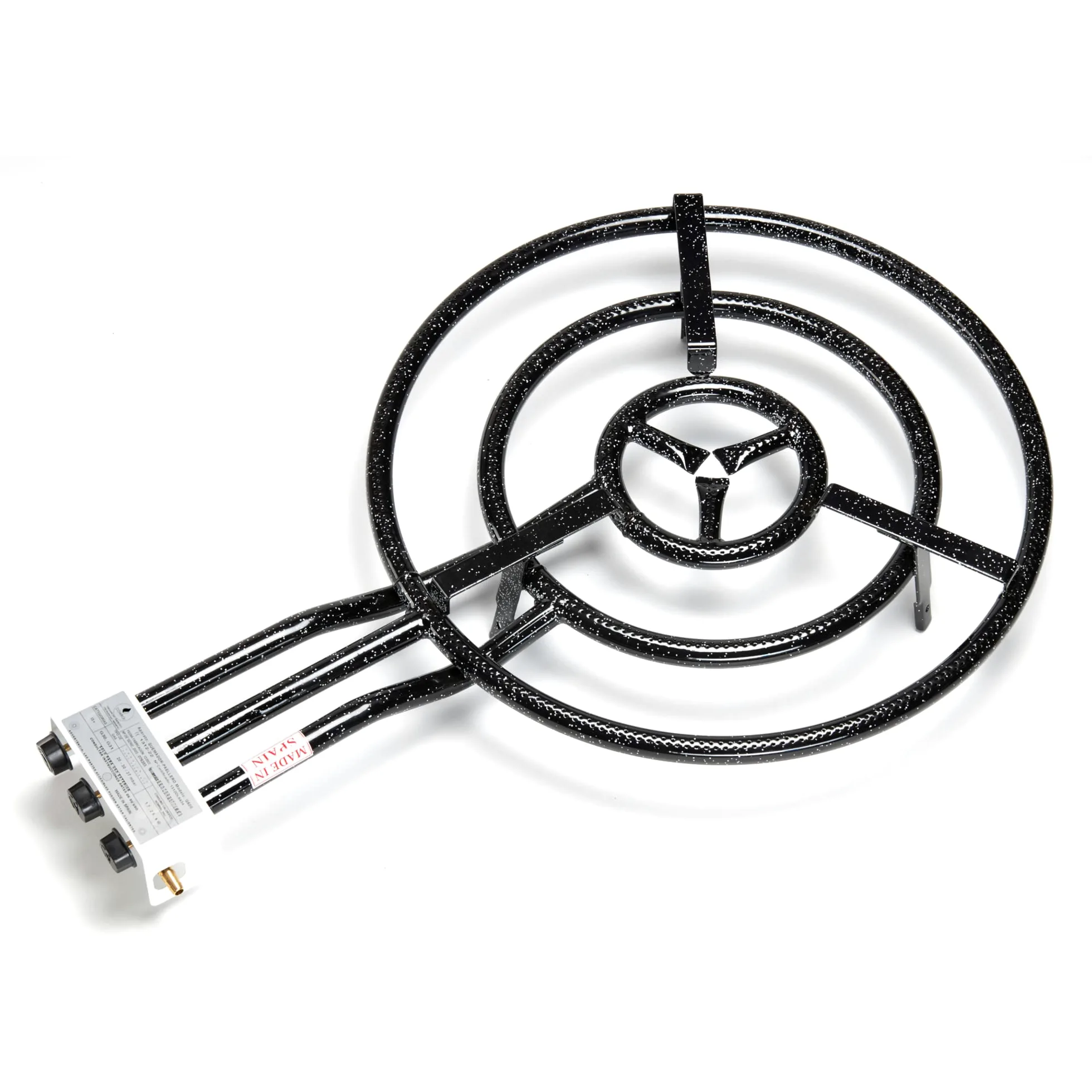 COMBOI Paellero gas butano 60 cm Kit bruciatore a 3 fuochi, paella da 70 cm + grill grill 46 cm, supporto gambe rinforzate, livello, grembiule, ricettario digitale.