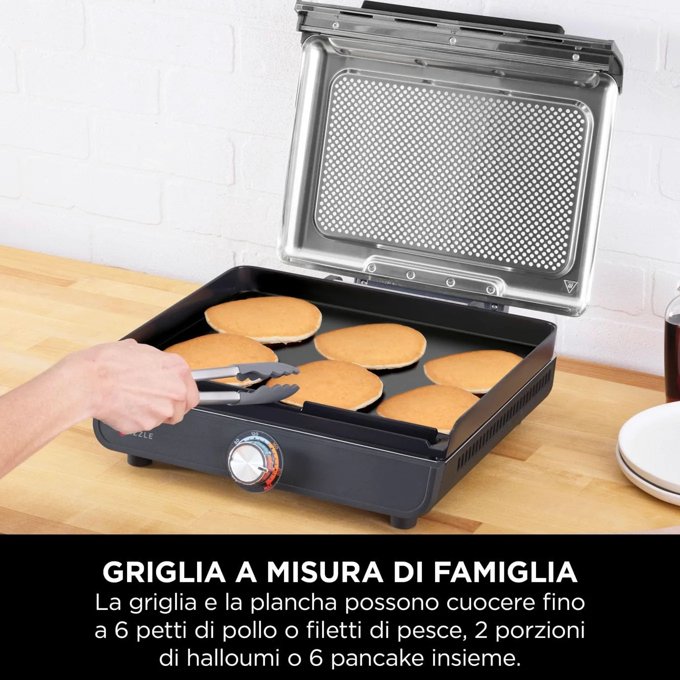 Ninja Sizzle Griglia Elettrica e Piastra Antiaderente per Interni, Coperchio Rimovibile Lavabile in Lavastoviglie, Vaschetta Raccogli Grasso, Manopola per Temperatura e Ricettario, Grigio GR101EU