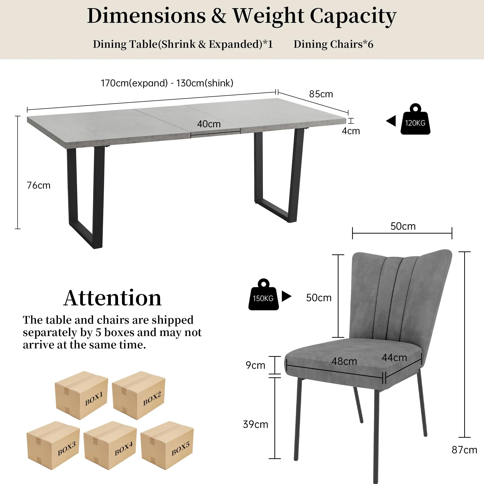 JIEXI Tavolo da pranzo allungabile 4-6 posti, tavolo da pranzo allungabile e sedie, materiale MDF moderno, adatto per soggiorno, cucina, lunghezza 130-170 cm