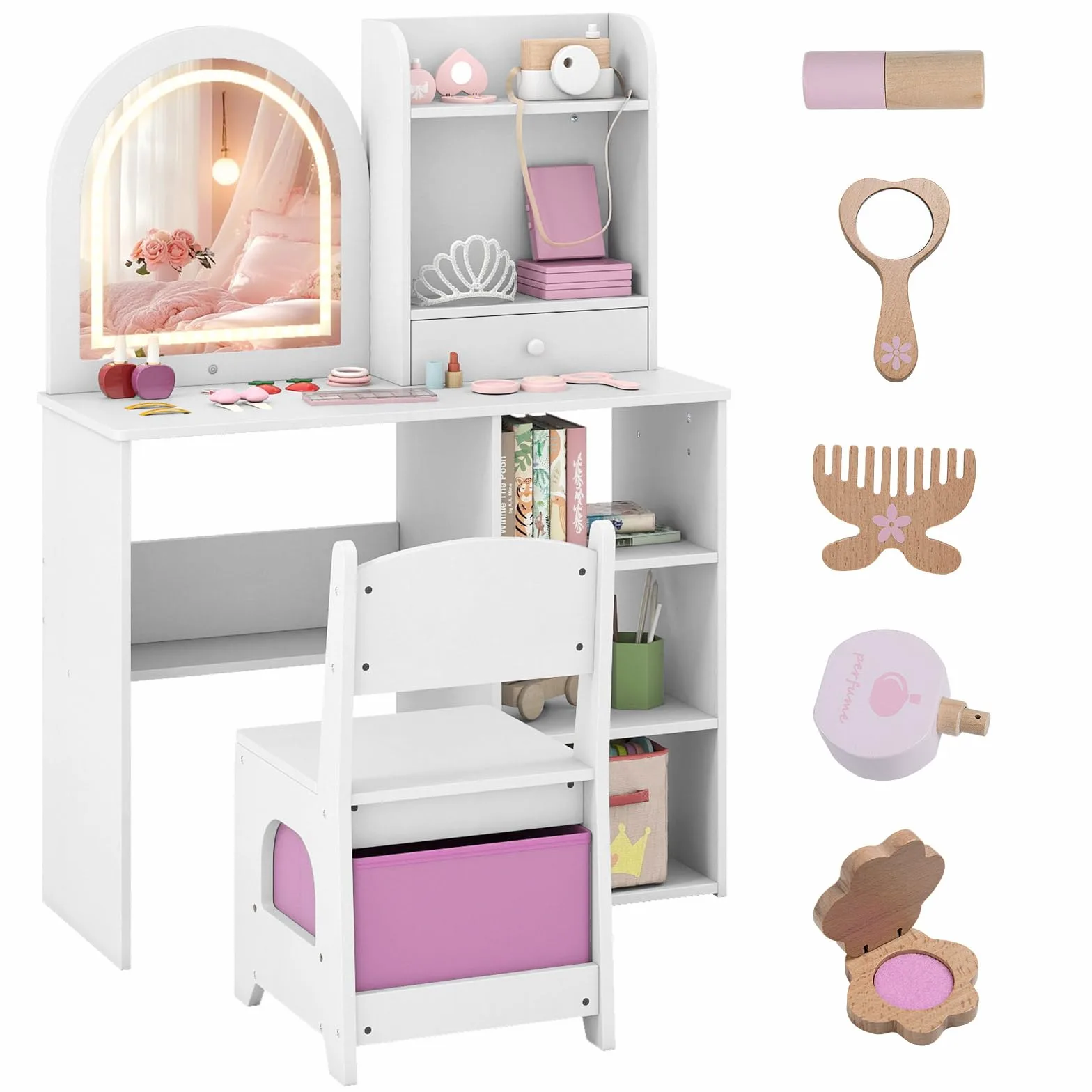 COSTWAY Toeletta Trucco per Bambina con Sgabello, Tavolo Trucco in Legno con Specchio Luci LED, Ripiani Aperti, 3 Ganci e Cassetto, Set Mobile da Principessa con 5 Giocattoli per 3+ Anni (Bianco)
