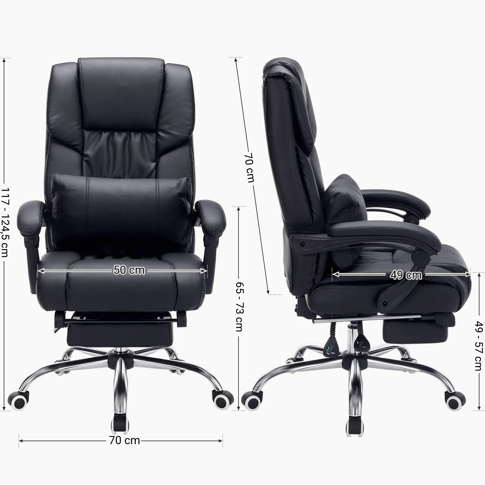 SONGMICS Poltrona Girevole con Poggiagambe Sedia Direzionale Ergonomica da Ufficio Studio Regolabile con Rotelle OBG71B, Finta Pelle, Nero, 7070 （117-125）