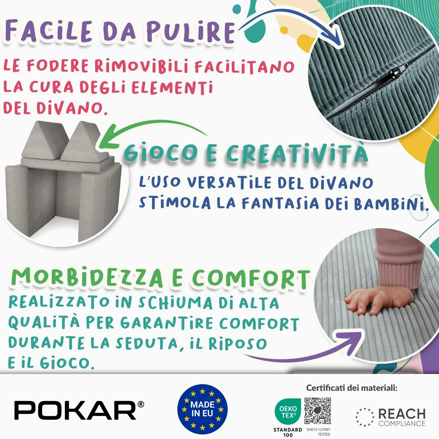 POKAR Divano Modulare per Bambini in Velluto Corduroy | Divano Bambini Trasformabile in Schiuma | Divano da Gioco per Cameretta Bambini | Certificato Oeko-TEX 100 | Laguna Azzurra