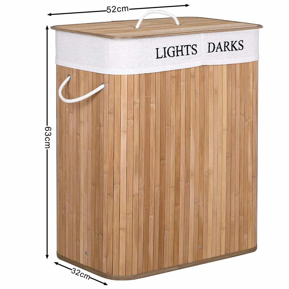 Bakaji Cesto Biancheria Sporca a Doppio Scomparto Portabiancheria 2 Spazi di Bambù e Tessuto Capacità 100 Lt - 52 x 32 x 63 cm