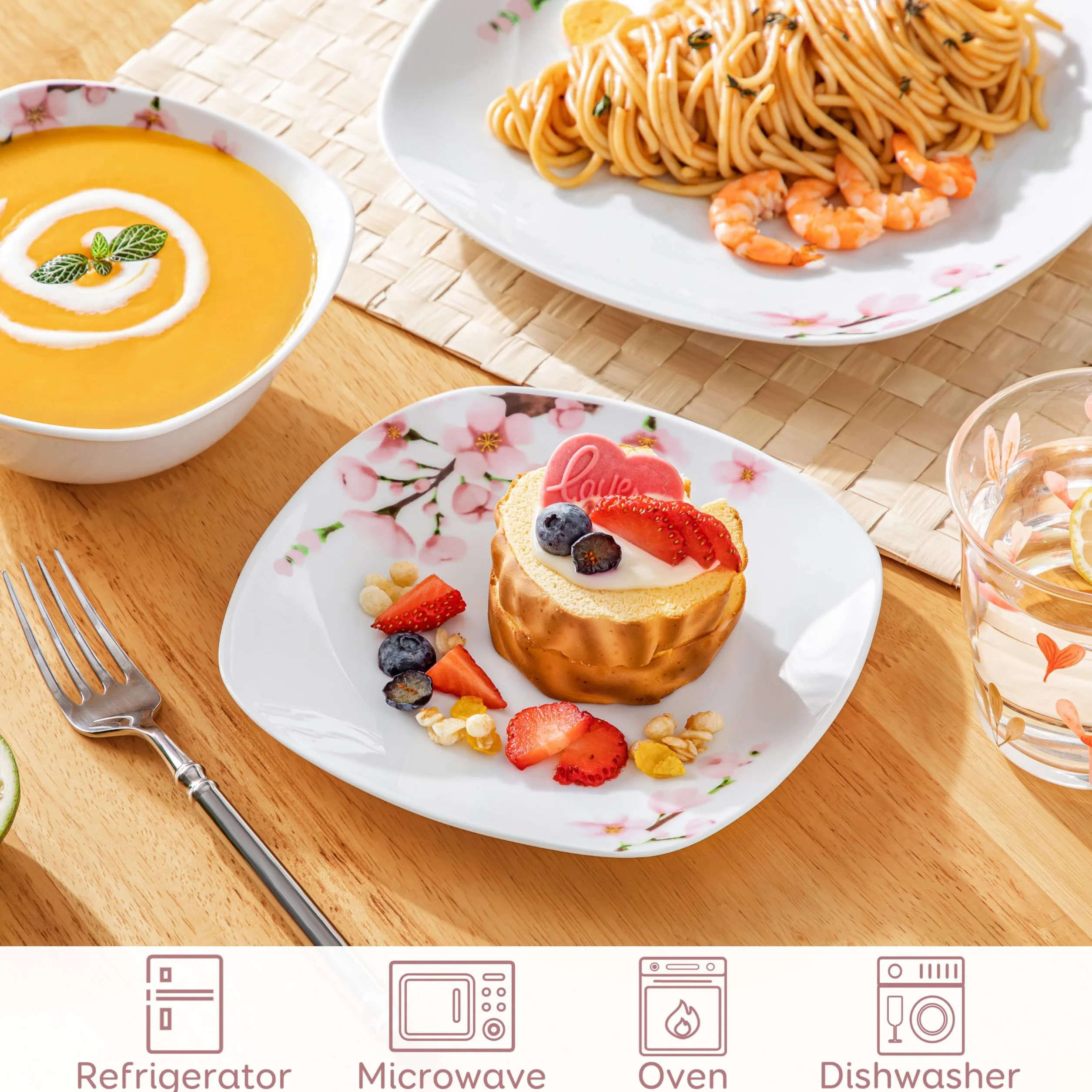 VEWEET Set di Stoviglie in Porcellana per 4 Persone - 12 Pezzi Con Motivo Floreale Rosa, Include Piatti Piani, da Dessert e Ciotole per Cereali