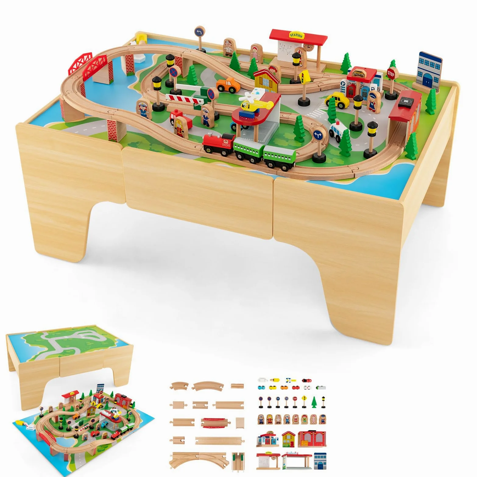 RELAX4LIFE Tavolo Attività in Legno per Bambini con Binari e Treno, da 84/80 Pezzi, Piano Reversibile e Rimovibile, Cassetto per Ragazzi e Ragazze (Naturale,84 pezzi)