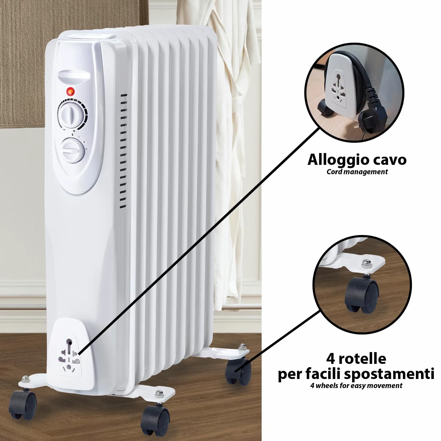 Velamp Radiatore ad Olio 9 elementi 2000 W – riscaldamento silenzioso e uniforme, 9 lamelle efficienti, termostato regolabile, ruote trasportabili