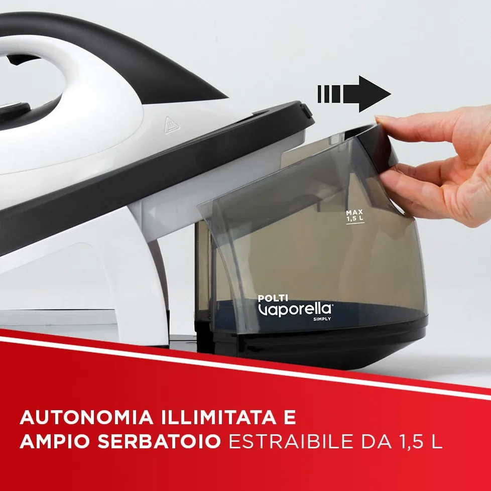 Polti Vaporella Simply VS20.20, Ferro da Stiro Generatore di Vapore, Serbatoio Estraibile 1,5 L, Pressione Pompa 6,5 Bar, Potenza 2200 W, Funzione ECO, Bianco e Nero