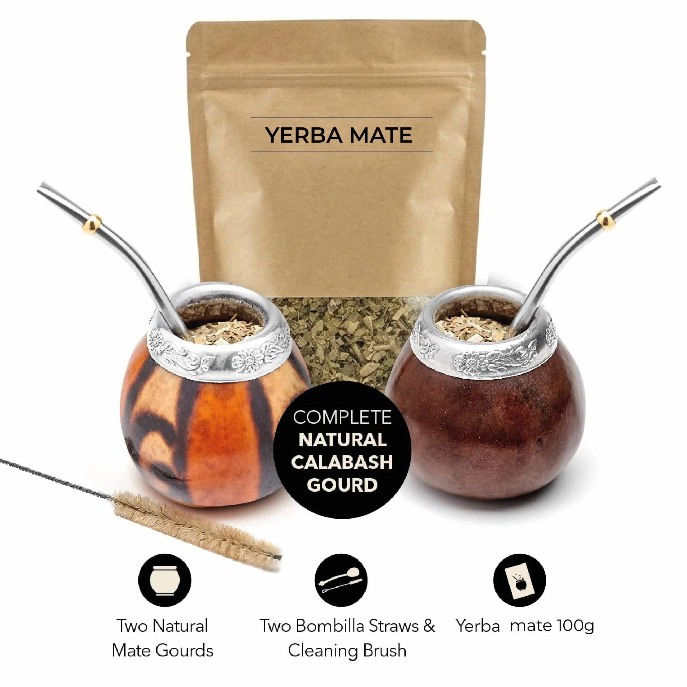 BALIBETOV Set Mate Argentino Autentico - Compreso 2 Tazza Originale, 2 Bombilla, 1 Pack 100gr Yerba Mate (MARRONE - NATUREL02)