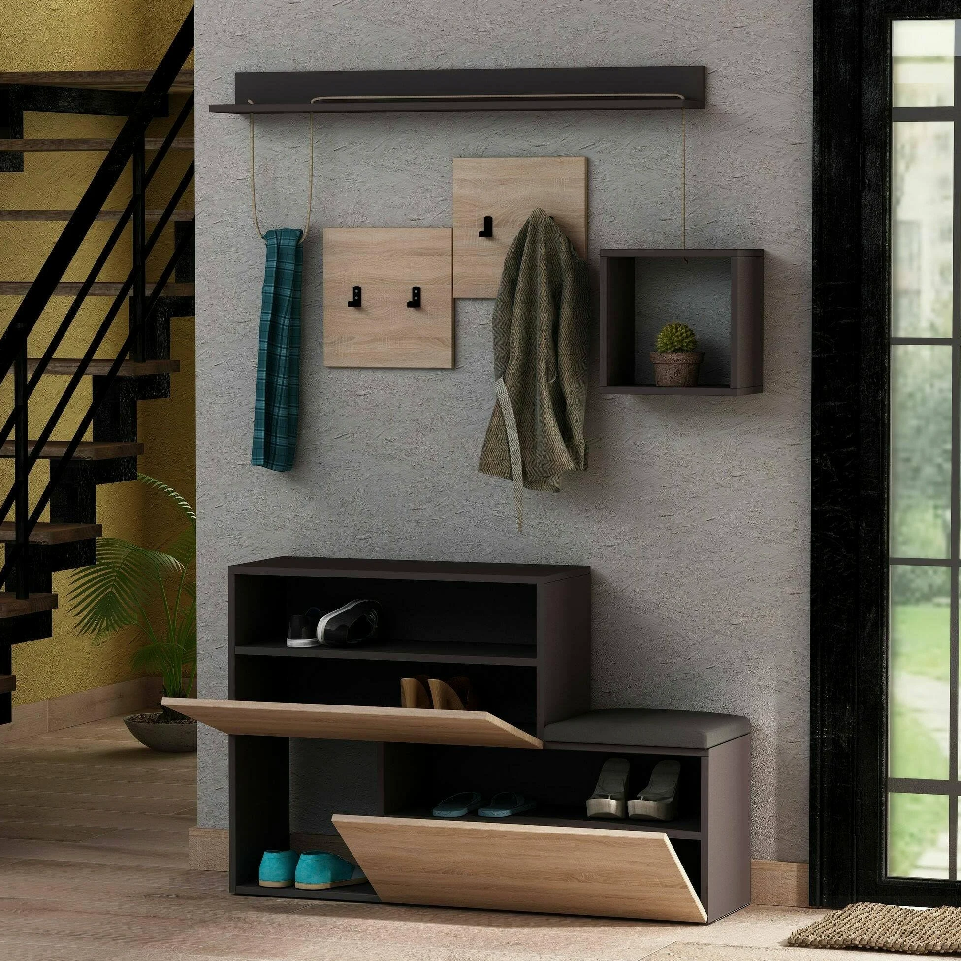 Dmora - Mobile da ingresso Caph, Entratina appendiabiti, Composizione per atrio, Consolle portaoggetti multifunzione, 120x17h76 cm, Antracite e Rovere