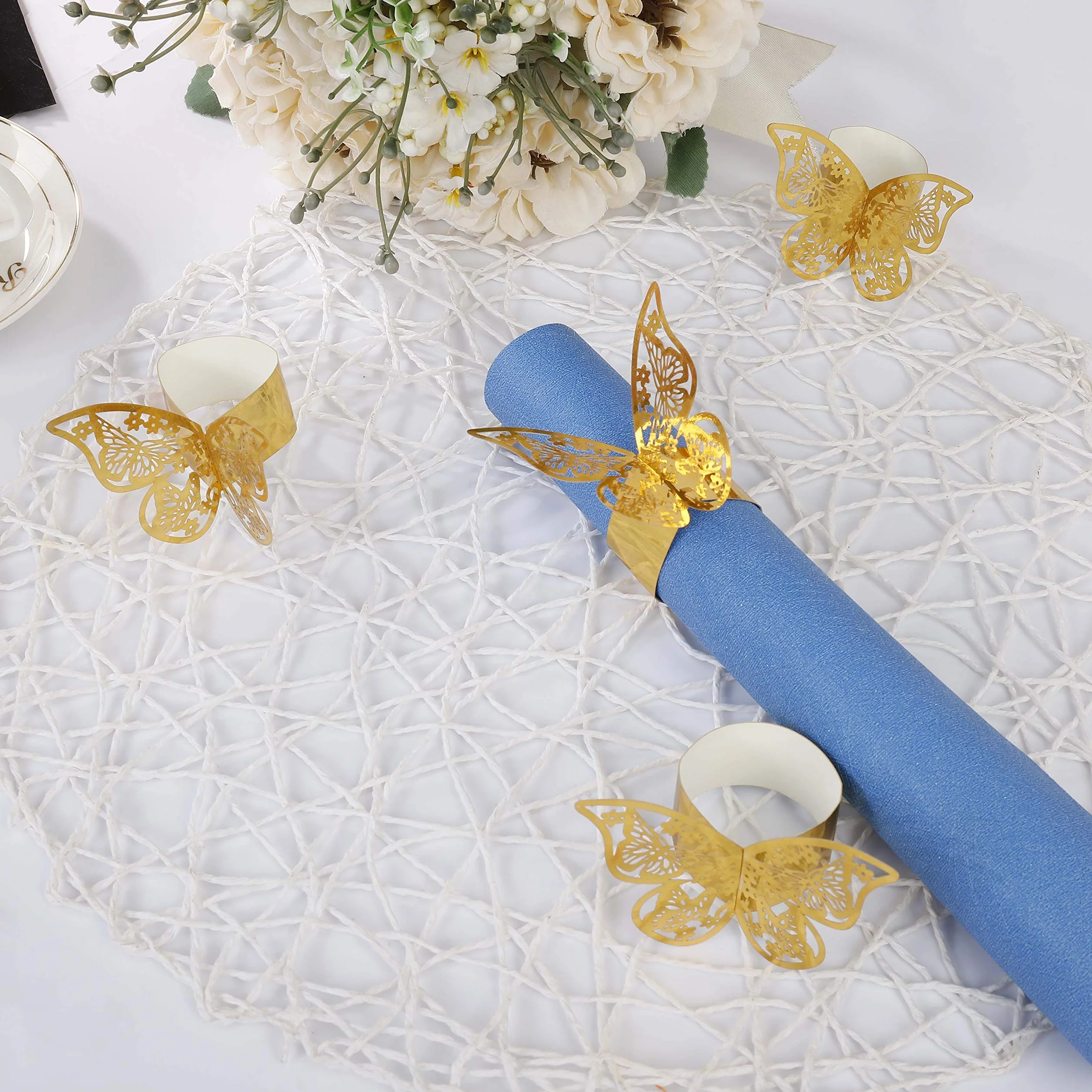 MaoXinTek Anelli di Tovagliolo 3D Farfalla di Carta Portatovagliolo di Arredamento Perlato Porta per Matrimonio Battesimo Comunione Nascita Laurea Compleanno Natale Festa 50 Pezzi (d'oro)