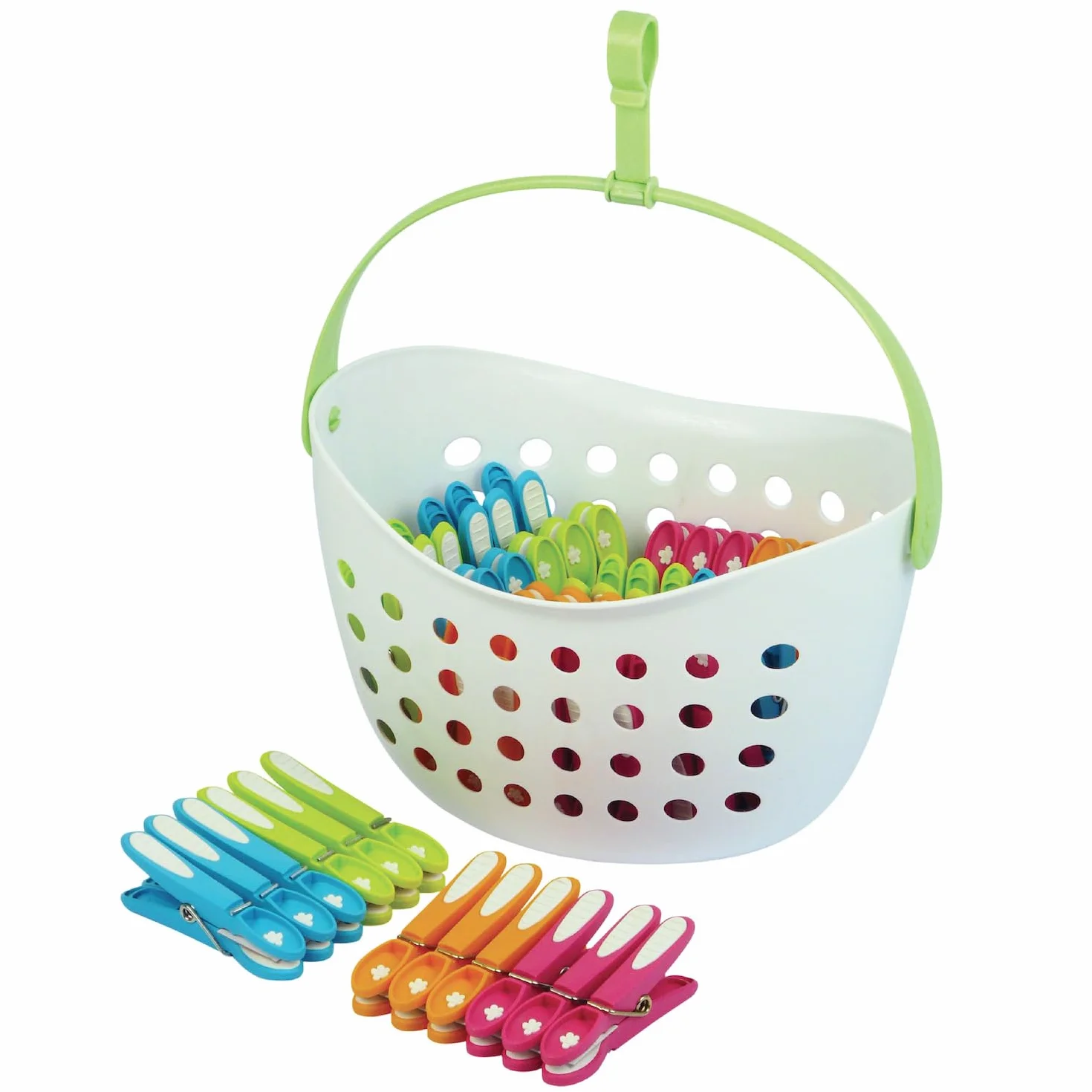 LAGUELLE - Cesto con 48 mollette ANTISCIVOLO - Produzione francese - Cesto bianco - Pinze assortite (verde, blu, arancione, rosa)