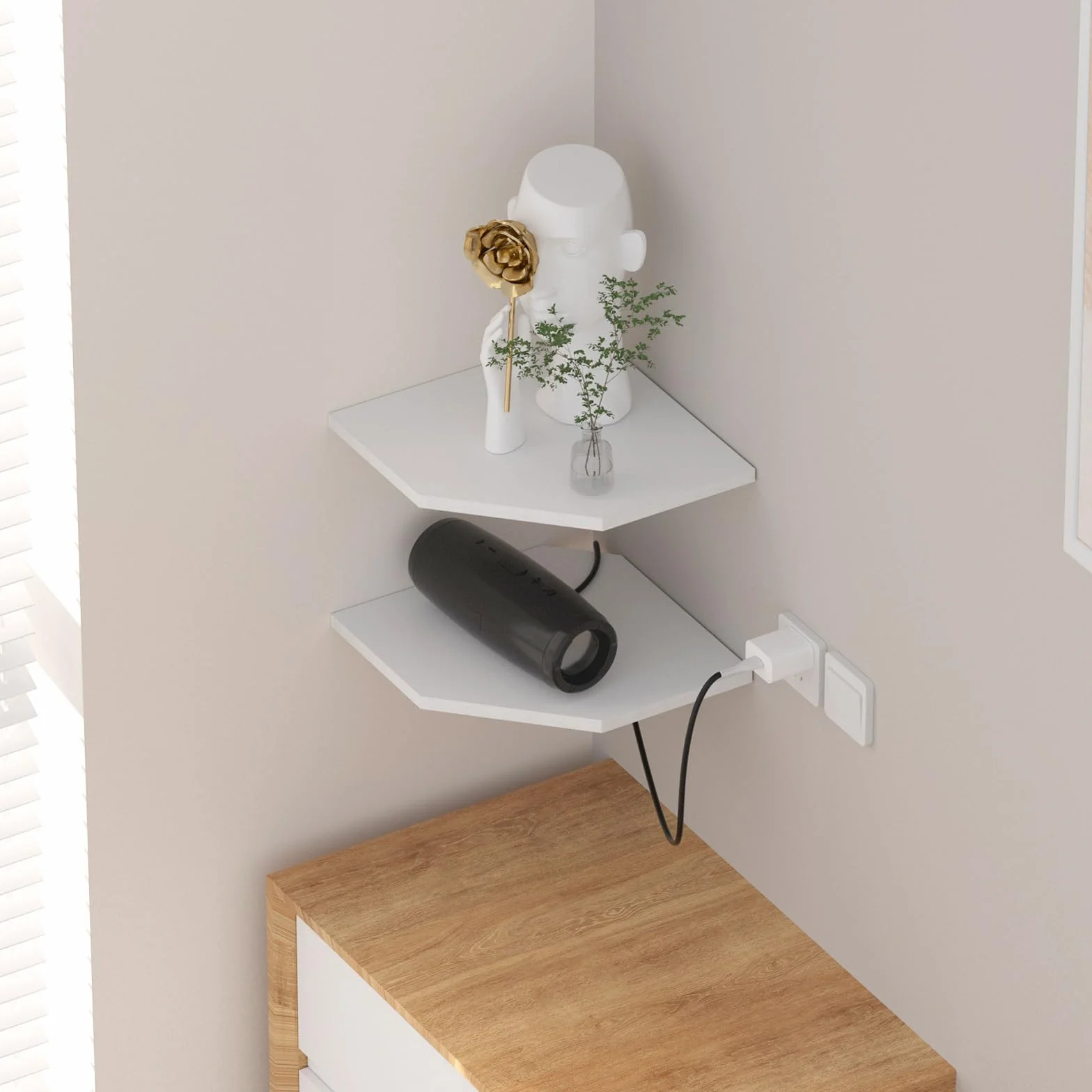 Set di 2 Mensole Angolari da 30 cm, Profondità 33,7 cm, Bianco