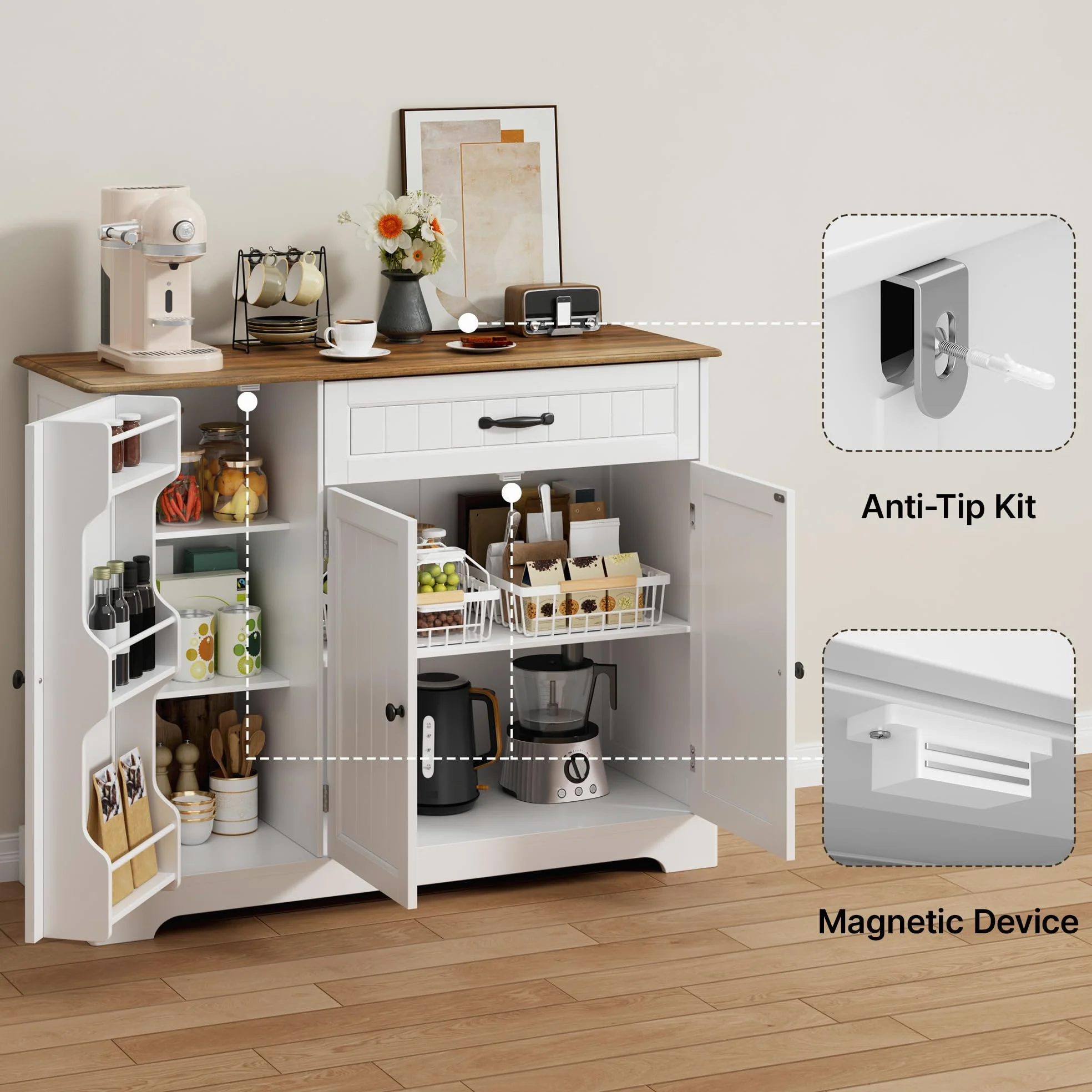 Xbro Credenza con 1 Cassetto e 3 Ante, Mobile Buffet con Spazio di Archiviazione a 3 Livelli, Chiusura Ribaltabile e Angoli Arrotondati, per Cucina, Soggiorno o Camera da Letto, Vintage