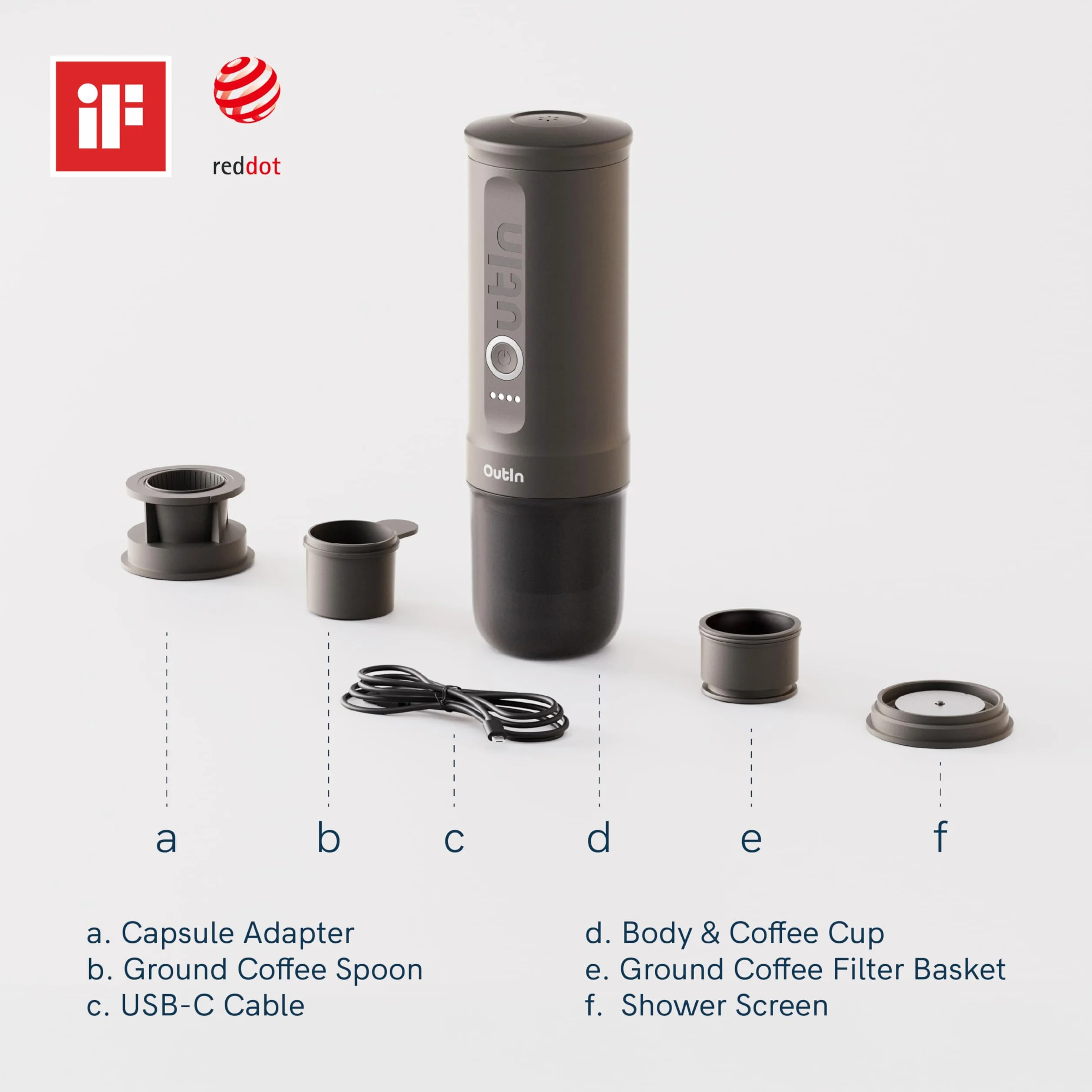 OutIn Nano Macchina da caffè espresso elettrica portatile, caffettiera da viaggio per il campeggio, caffettiera da auto auto-riscaldamento con USB-C, con caffè macinato e capsula NS