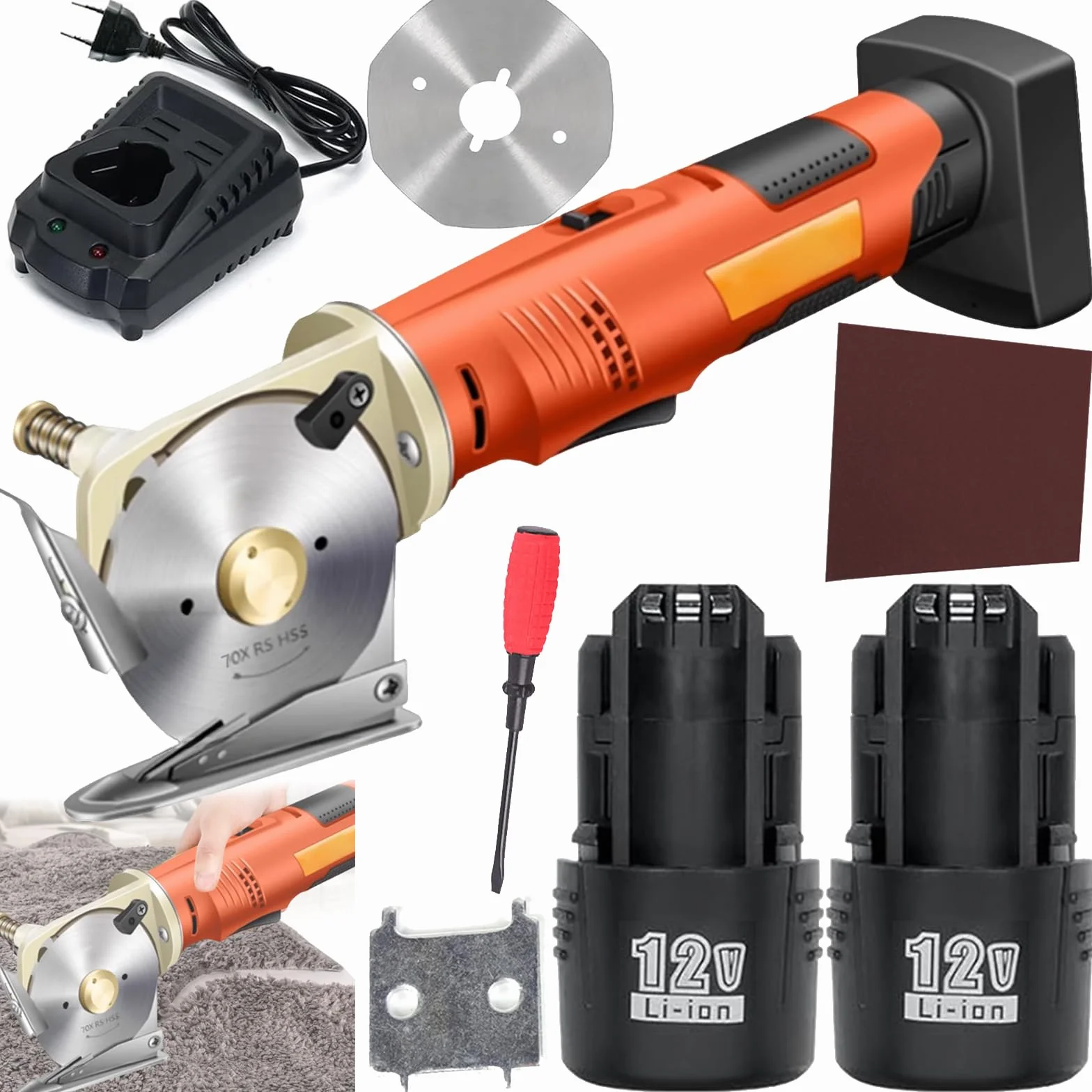 Taglierina Per Cartone, Taglierina Per Tessuti Elettrica Senza Fili 2 * 2000 Mah Batteria 12V 240W Lama 70 MM Spessore Taglio Massimo 25 Mm Include 2 Lame Ricambio (Totale 3) Per Tessuti E Tappeti