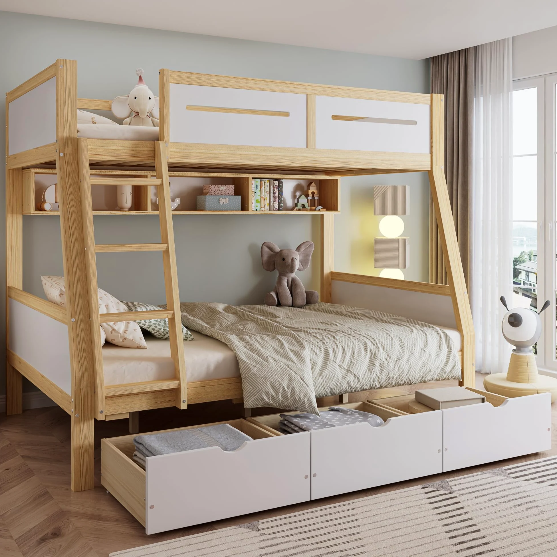 Lettino a castello, 90 x 200 cm e 120 x 200 cm, tre cassetti con ruote, 2 m, recinzione sicura su quattro lati e scala a pioli, pino + MDF + compensato, bianco e naturale
