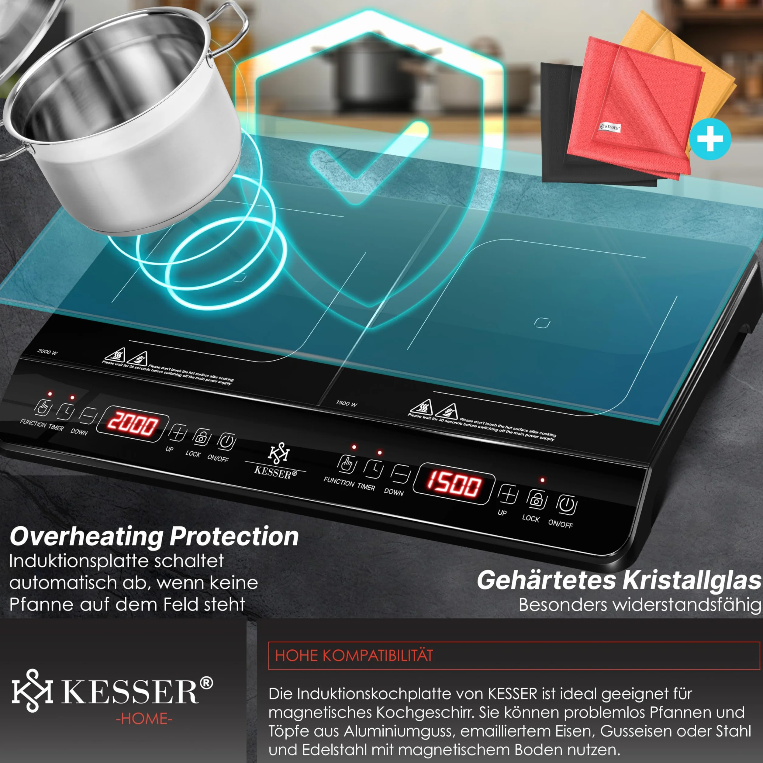 KESSER Piano cottura a induzione 2 piastre 3500W portatile 57 cm, 8 impostazioni calore, timer, touch control, booster