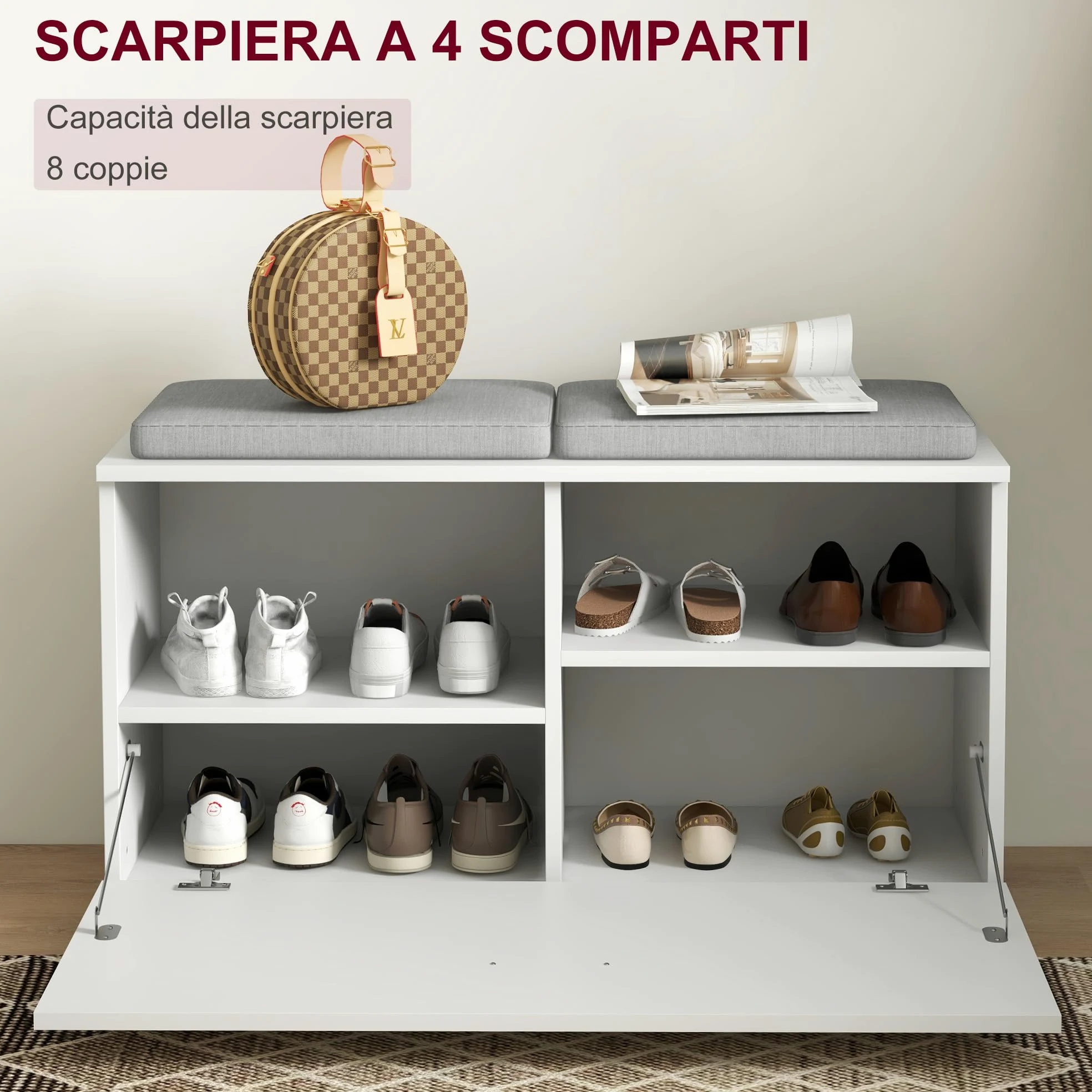 HOMCOM Set 4 in 1 Mobili da Ingresso con Appendiabiti, Specchio, Panca con Cuscini e Scarpiera per 8 Paia di Scarpe, Bianco