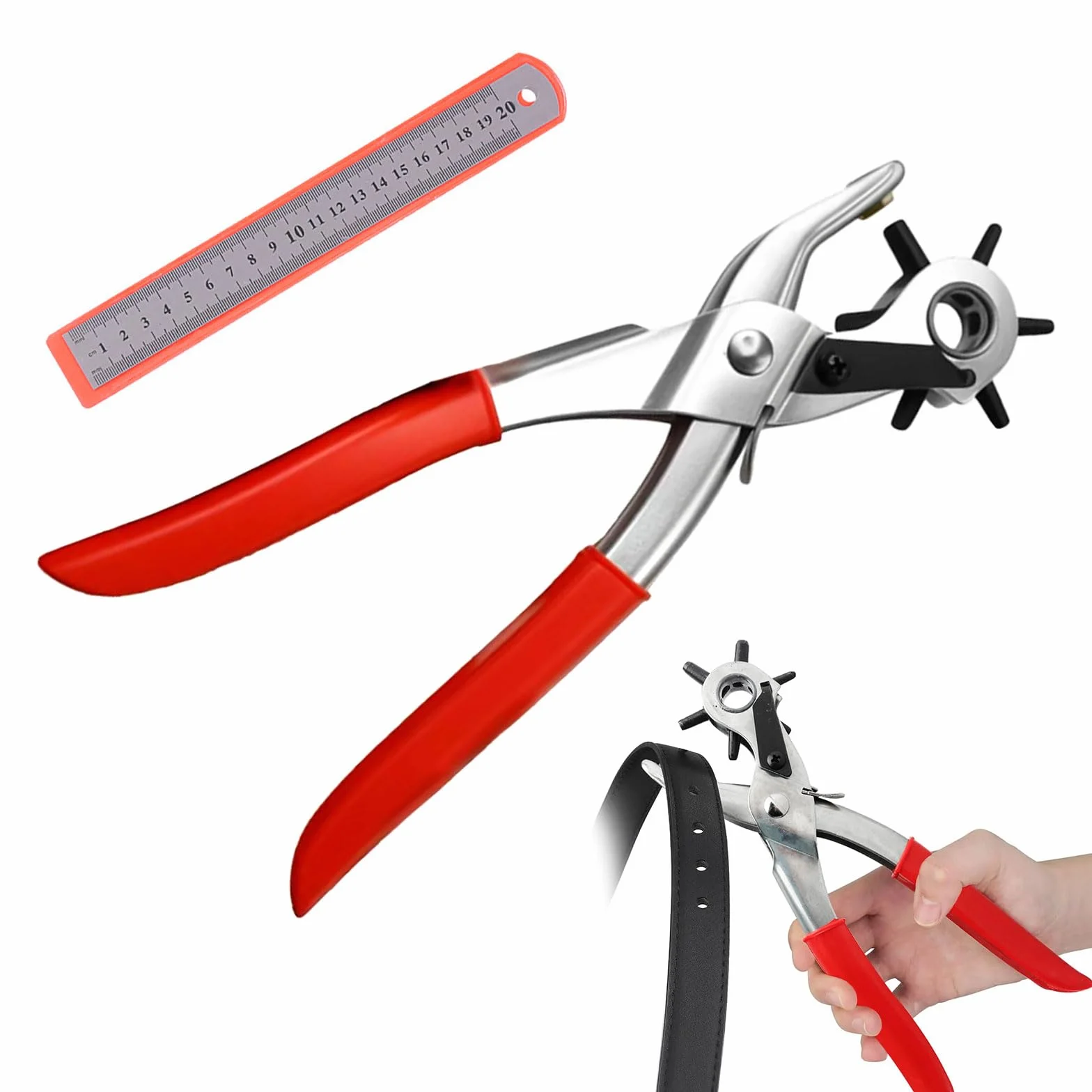 Pinza Fustellatrice per Cinture, Pinza Buca Cinture, Pinzas Buchi Cintur, Foratrice per Cintur, Testa Girevole con 6 Fori Intercambiabili Foratrice di Pelle Cuoio, Carte, Cinturini Orologi, Cartone