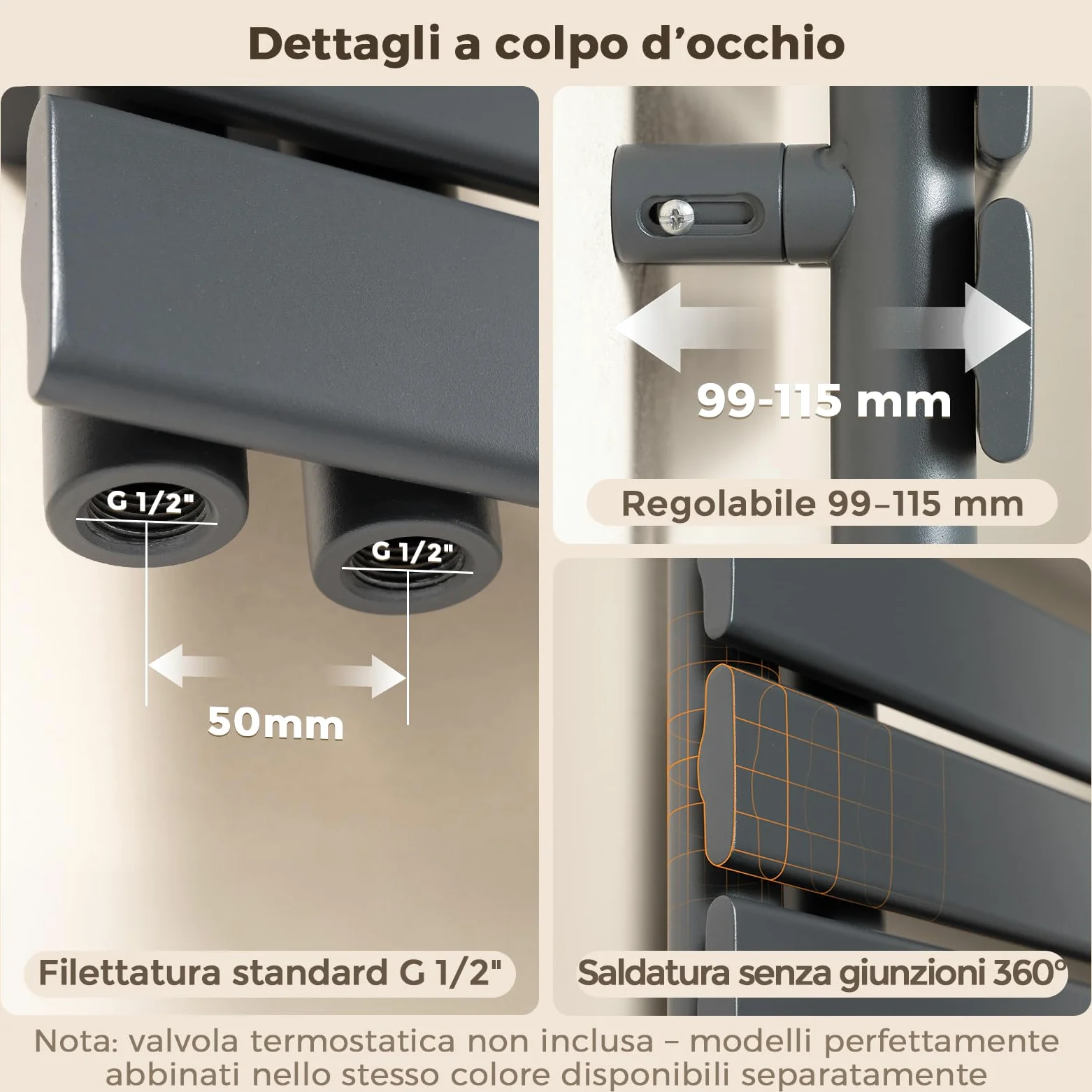 Radiatore design per bagno, radiatore scaldasalviette, grigio antracite, pannello piatto, Connessione centrale, 1041x500mm, radiatore per bagno, asciugatore per asciugamani, 555 Watt (Senza valvola)