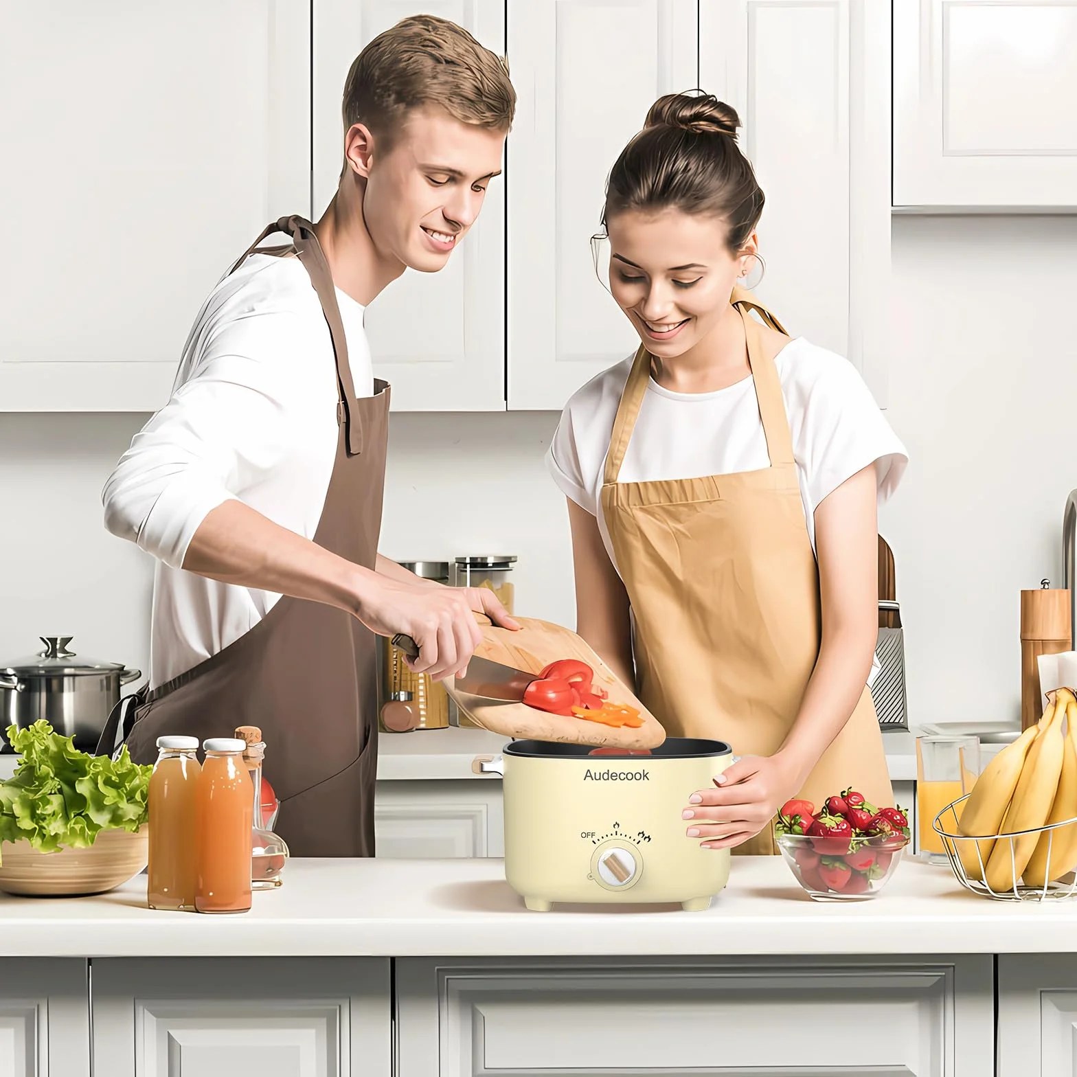 Audecook Mini Hot Pot Elettrica 2.5L Antiaderente Pentola Elettrica 1-3 Persone Beige