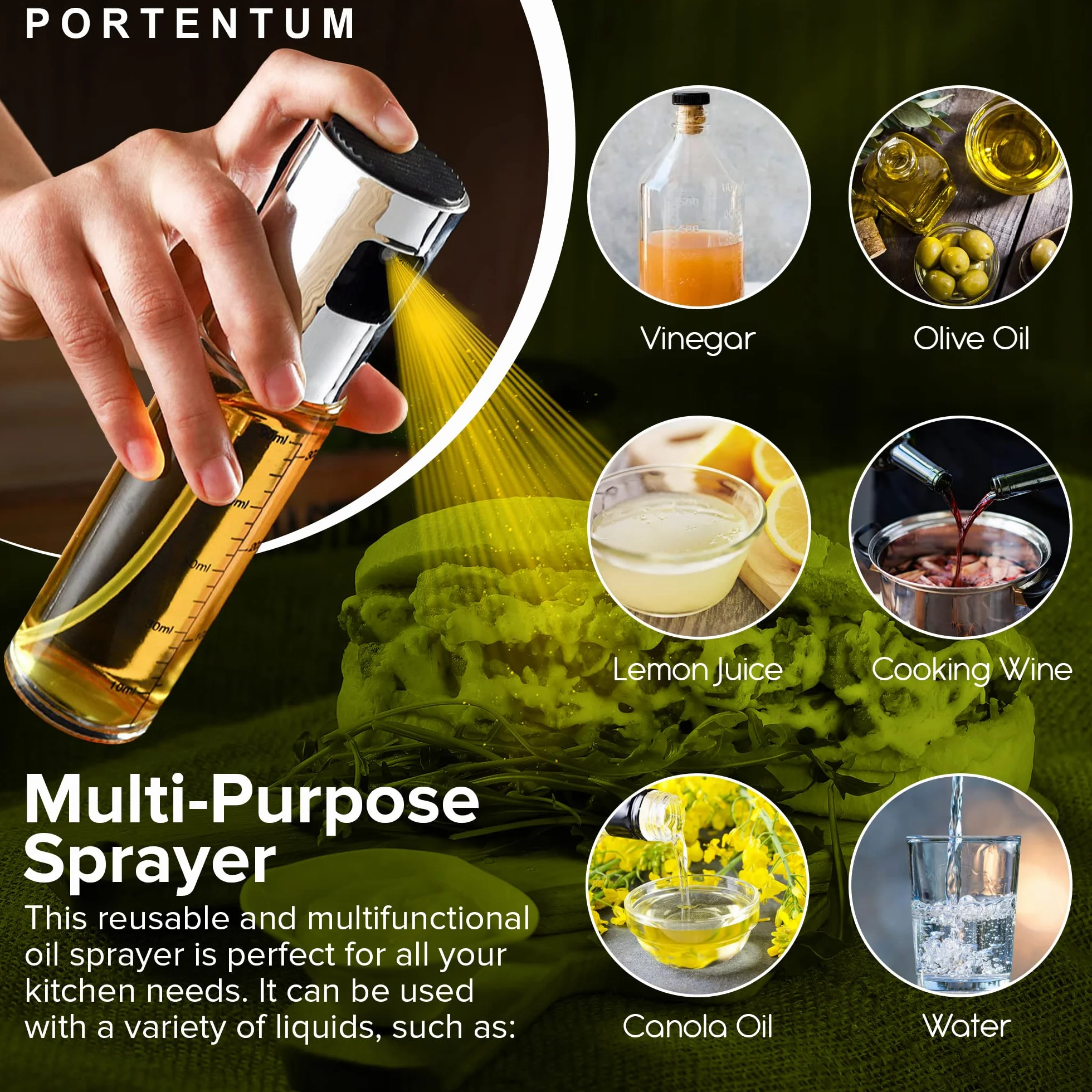 PORTENTUM Spruzzatore Olio Spray Acciaio Inox 100ml Oliera Vetro Cucina Friggitrice Aria