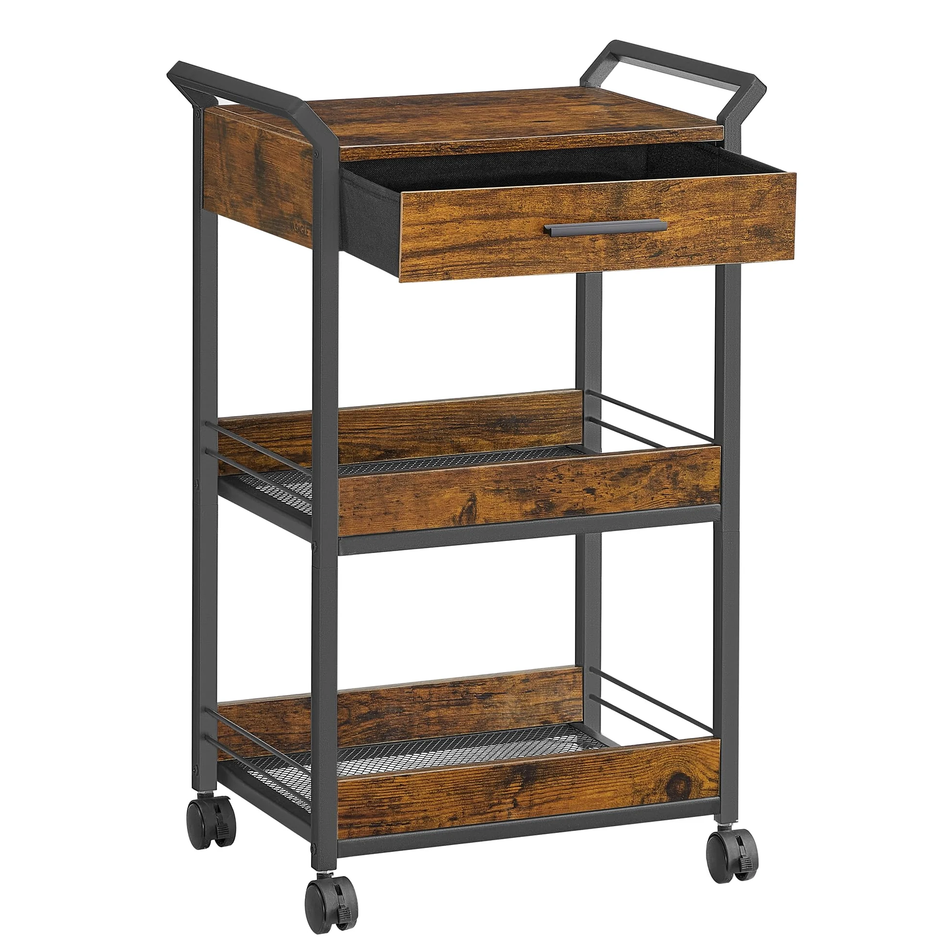 VASAGLE Carrello Portaoggetti a 3 Livelli con Ruote, Cassetto | Carrello di Servizio, Acciaio, Truciolato, con Freno, per Cucina, Bagno, Marrone Vintage e Nero, Collezione DACEY LRC048K01
