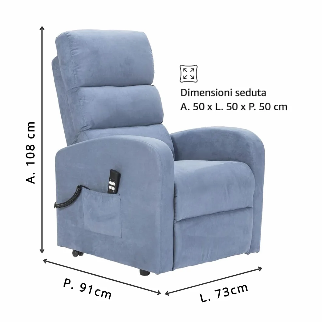 POLTRONE ITALIA Poltrona Relax Elettrica 4 ruote reclinazione poltrona per anziani soggiorno elevabile Detraibile 19% microfibra Azzurro