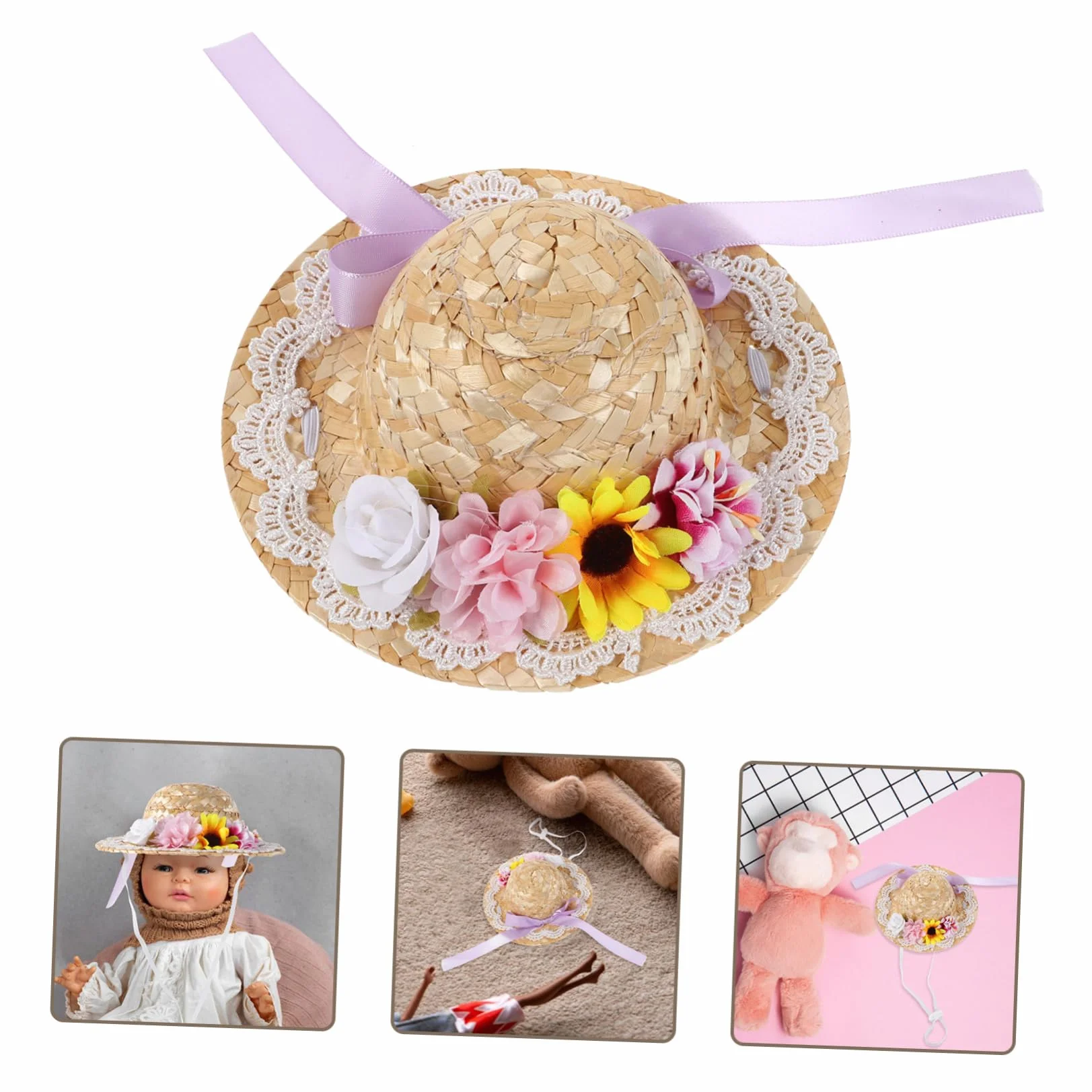 Mini Cappello di Paglia con Fiocco Viola per Bambole, Piccolo Cappello Artigianale Estivo in Paglia per Decorazioni Fai-da-te e Collezionisti, Accessorio Creativo per Feste