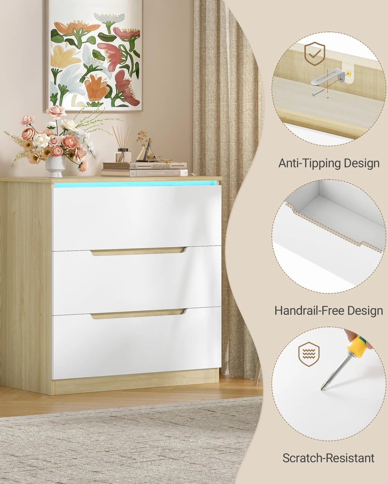 Hzuaneri Cassettiera, 3 Cassetti, Cassettiera Camera da Letto con Striscia Luminosa a LED, Stile Moderno, Adatto per Soggiorno, Camera da Letto, Corridoio, 40 x 70 x 80 cm, Bianco-Rovere EDC01331XEU