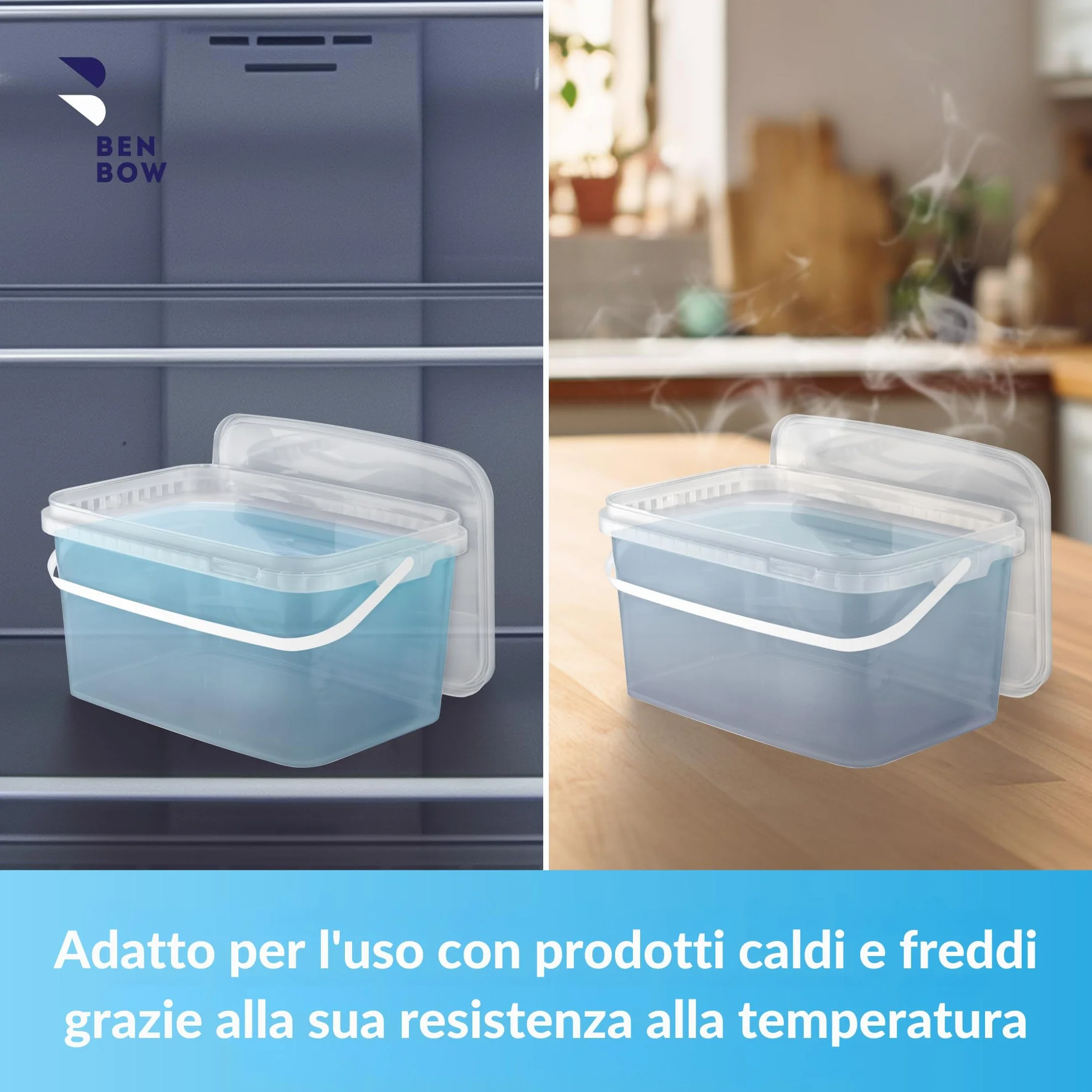 BenBow Secchio rettangolare con coperchio 10x 5l trasparente - adatto al contatto con alimenti, contenitore di plastica impilabile con manico - vuoto