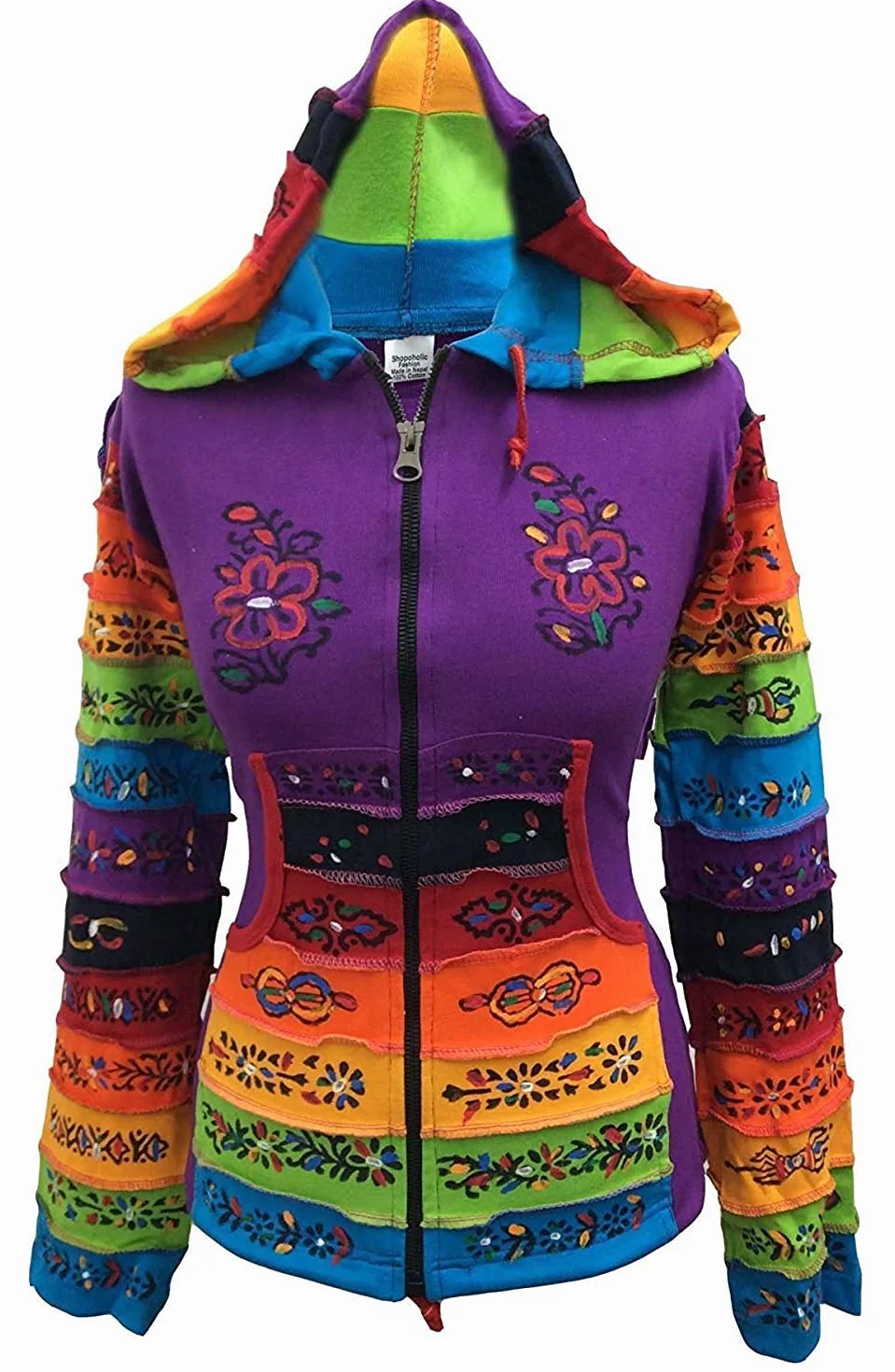 Shopoholic Fashion Giacca da Festival Hippie con Cappuccio e Toppa a Forma di Fiore con Maniche Arcobaleno da Donna