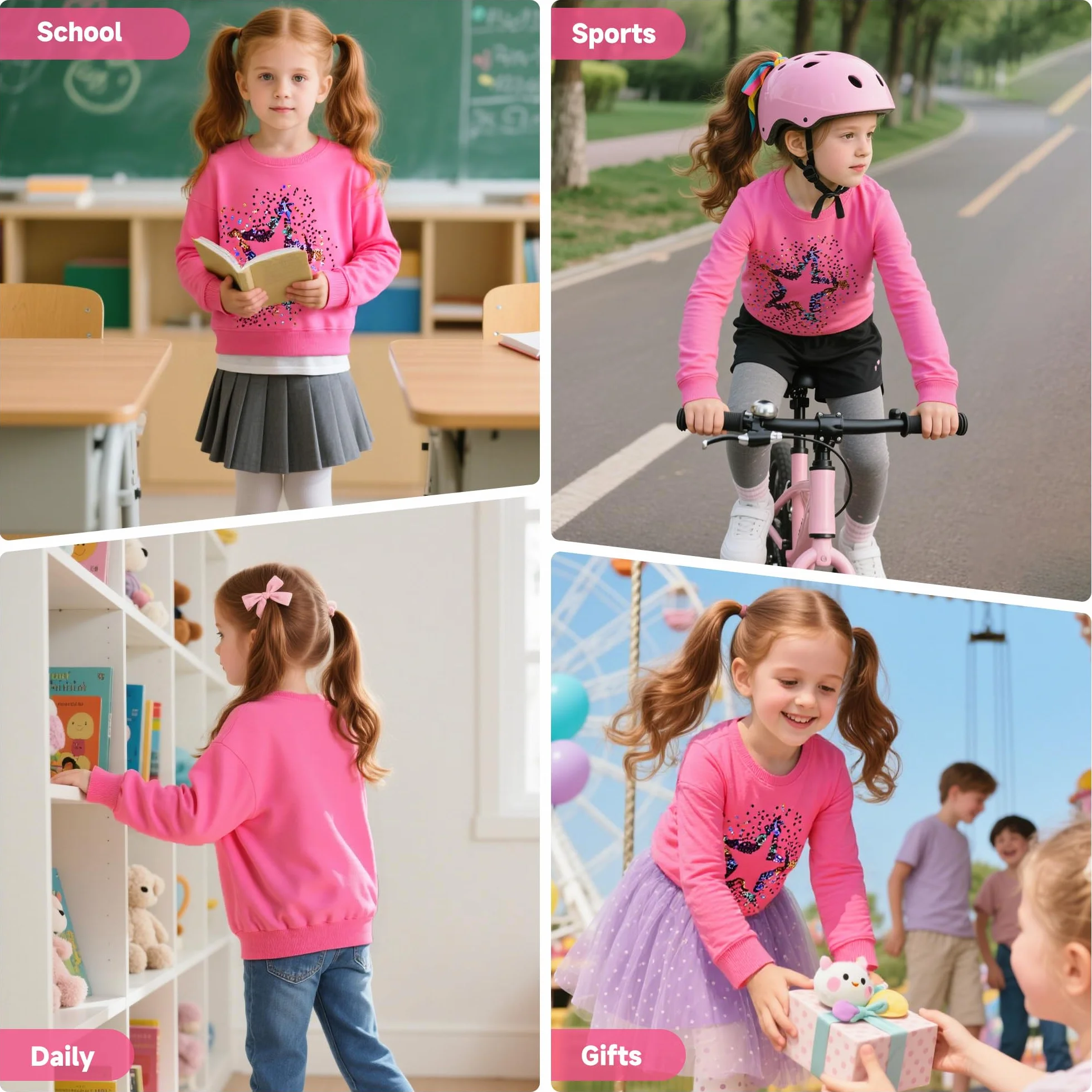 Felpa Bambina Unicorno Stampato Ricamo Pullover Cotone Manica Lunga 2-7 Anni