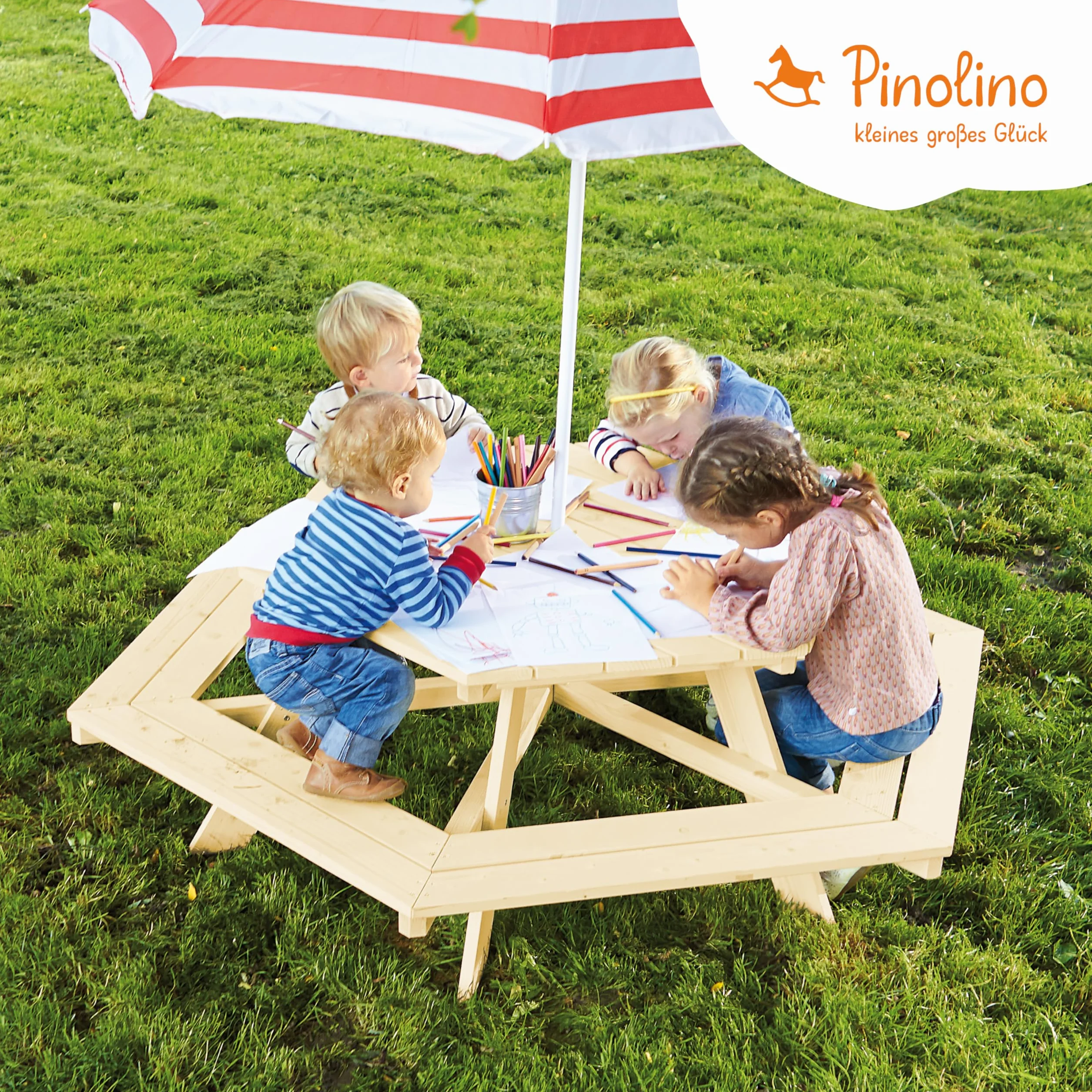Pinolino Nicki Seggiolino Esagonale Legno massello 6 panche 1 Tavolo Bambini 2 Anni Naturale