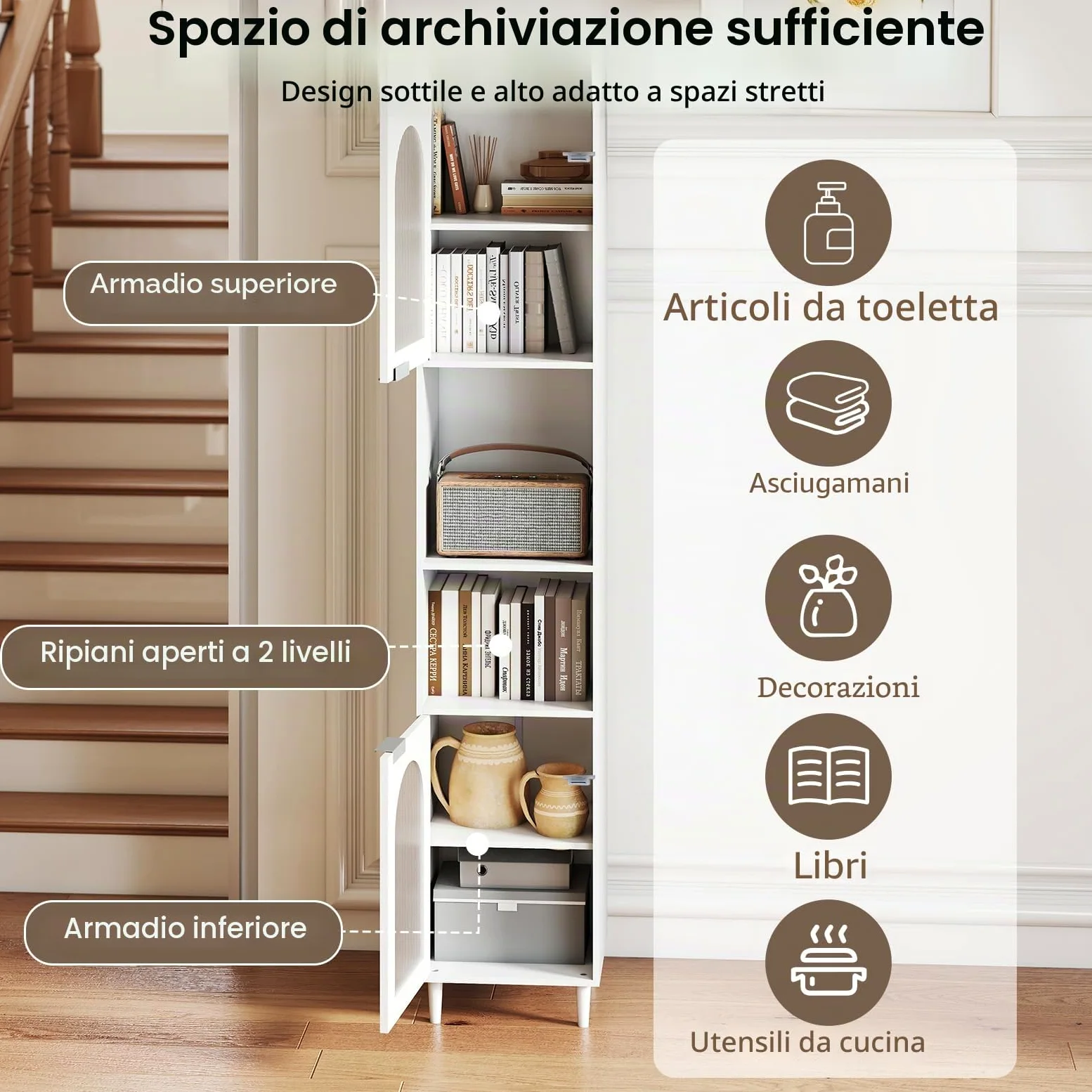 LIFEZEAL Mobile Bagno Salvaspazio Bianco, Colonna Bagno Alto, Stretto, 35x30x180cm, Credenza Cucina, Armadio Dispensa, Mobiletto, con 2 Ante in Vetro, Ripiani Regolabili, Scomparti, in Legno, Max 90kg
