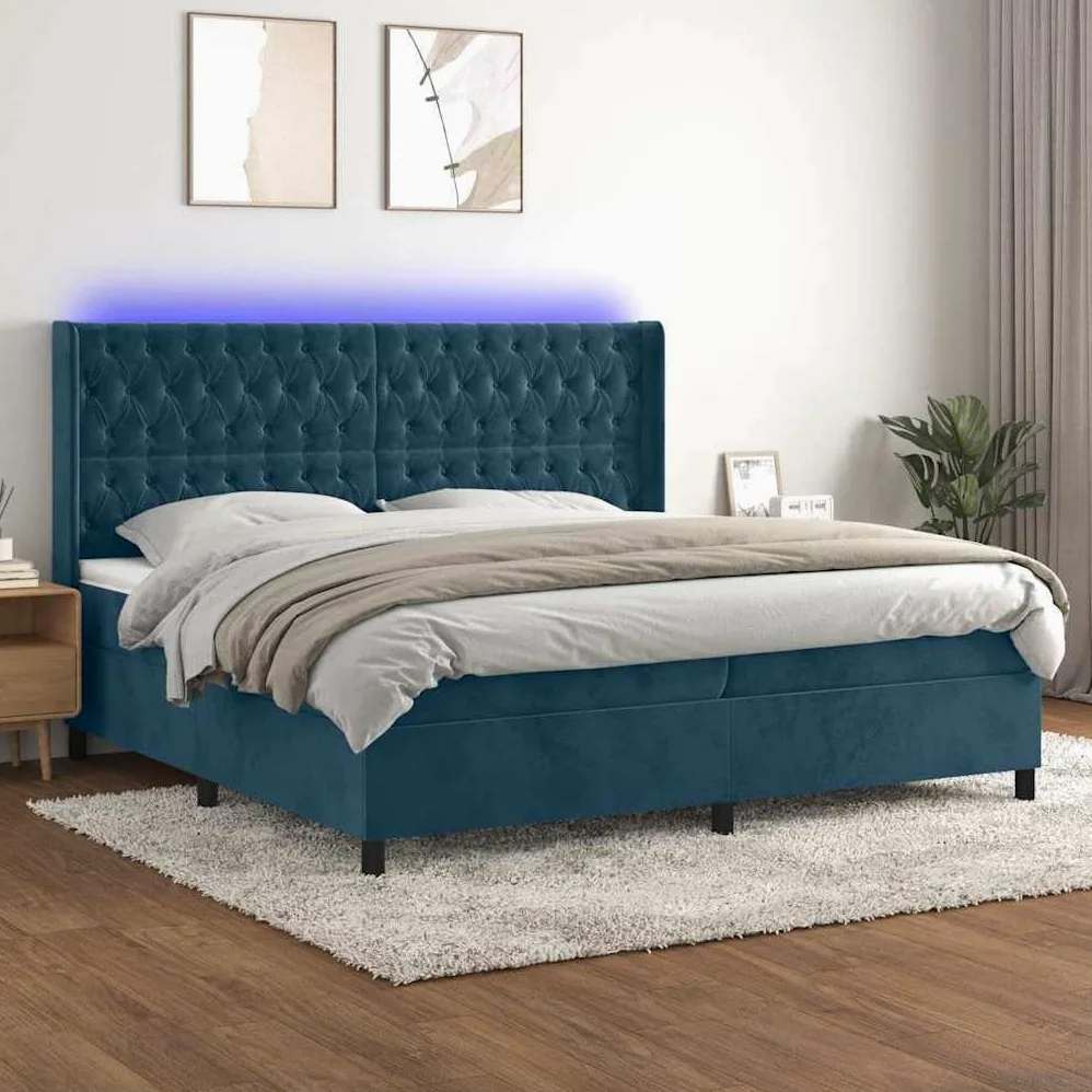 vidaXL Letto a Molle con Materasso e LED Blu Scuro 200x200 cm, letto, rete letto, letto matrimoniale, giroletto, base letto, letto in velluto